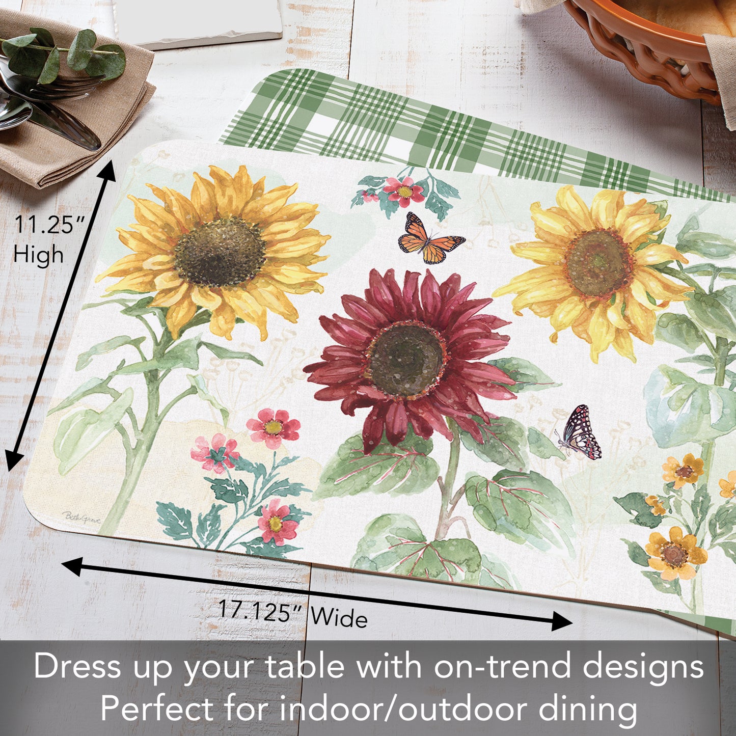 CounterArt Sunflower Splendor 4 Pack Reversible Easy Care Flexible Placemats Made in the USA