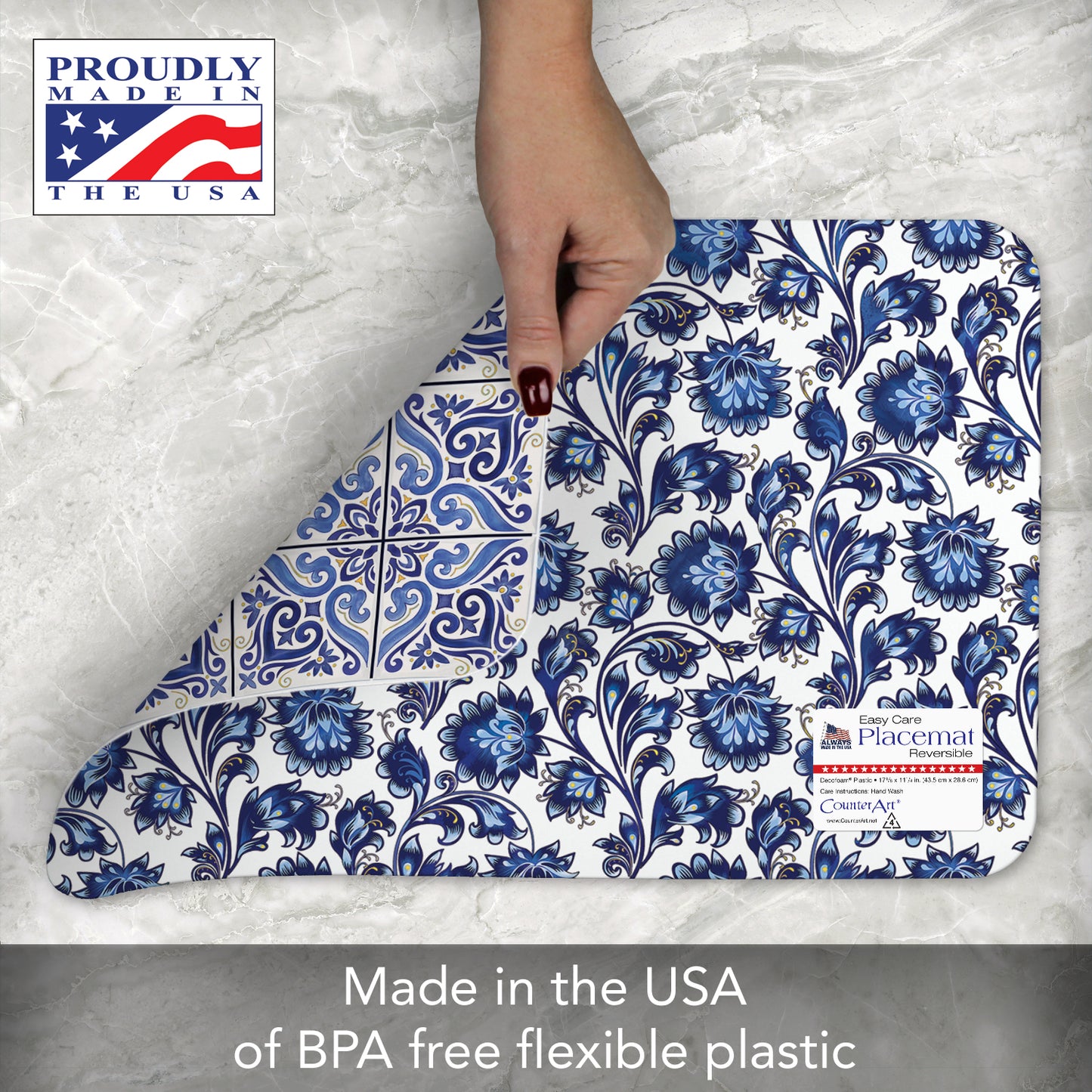 CounterArt Shades of Blue 4 Pack Reversible Easy Care Flexible Placemats Made in the USA