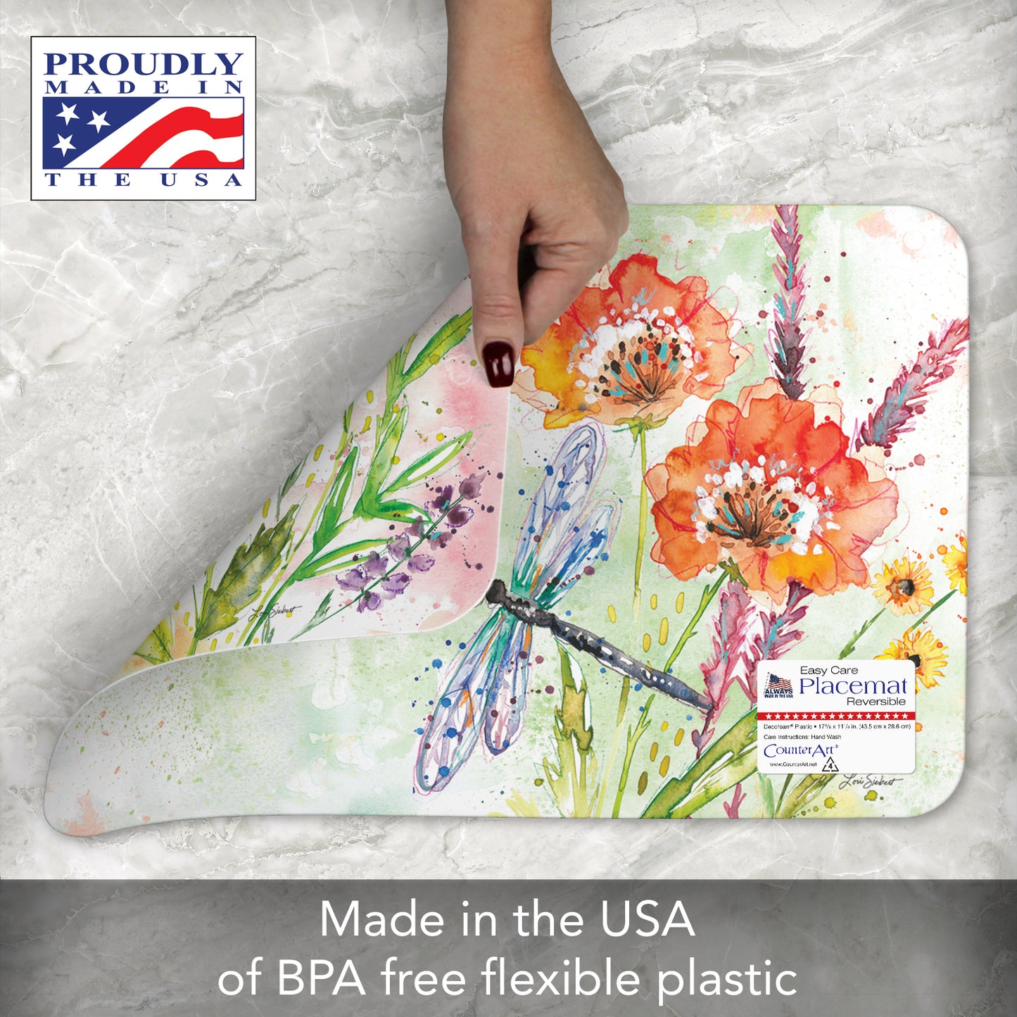 CounterArt Fanciful Flight 4 Pack Reversible Easy Care Flexible Plastic Placemats Made in The USA BPA Free Easily Wipes Clean