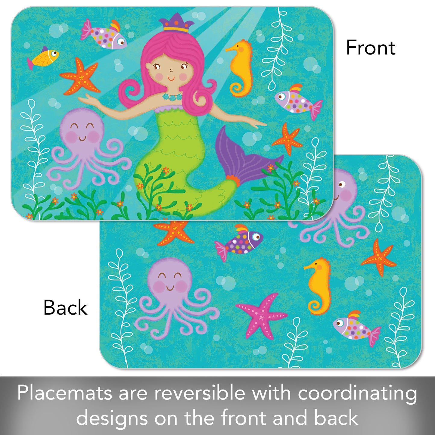 CounterArt 4 Pack Kids Mermaid Reversible Easy Care Flexible Placemats Made in the USA