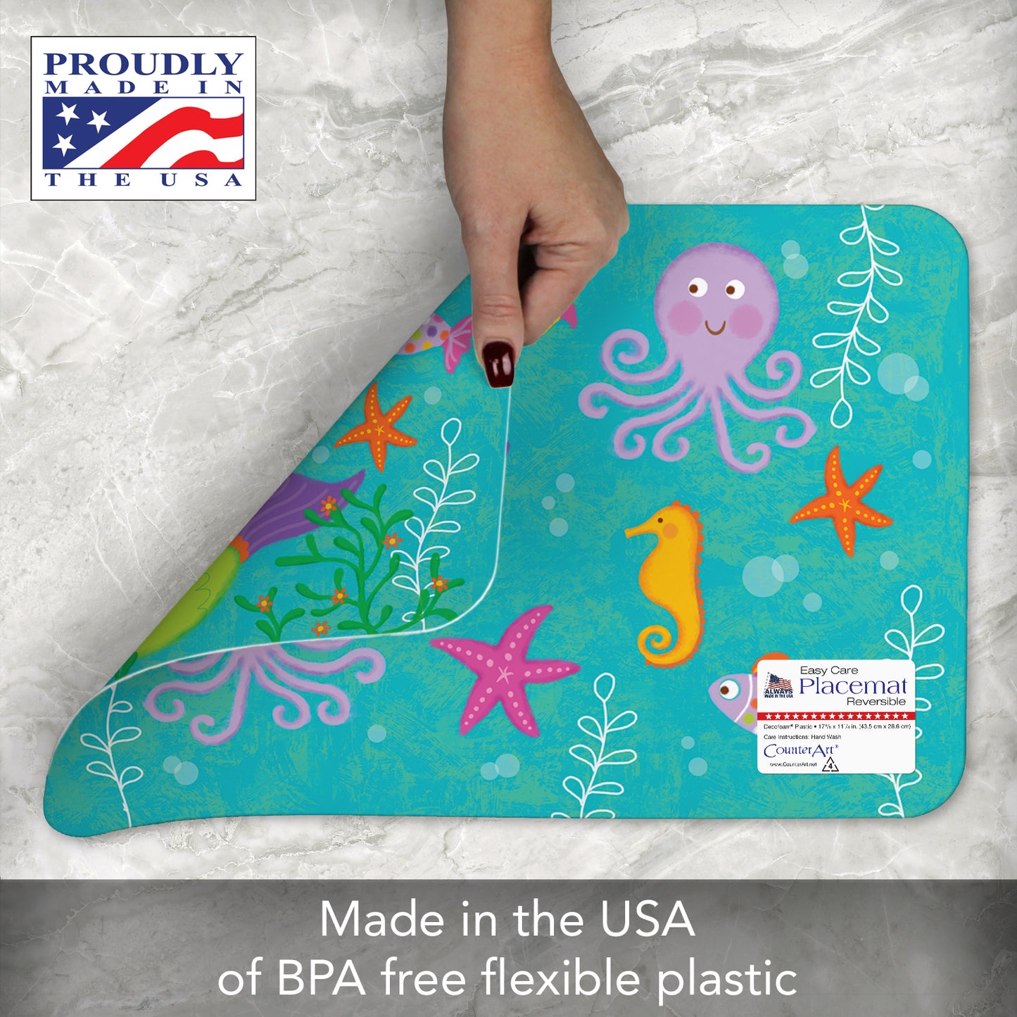 CounterArt 4 Pack Kids Mermaid Reversible Easy Care Flexible Placemats Made in the USA