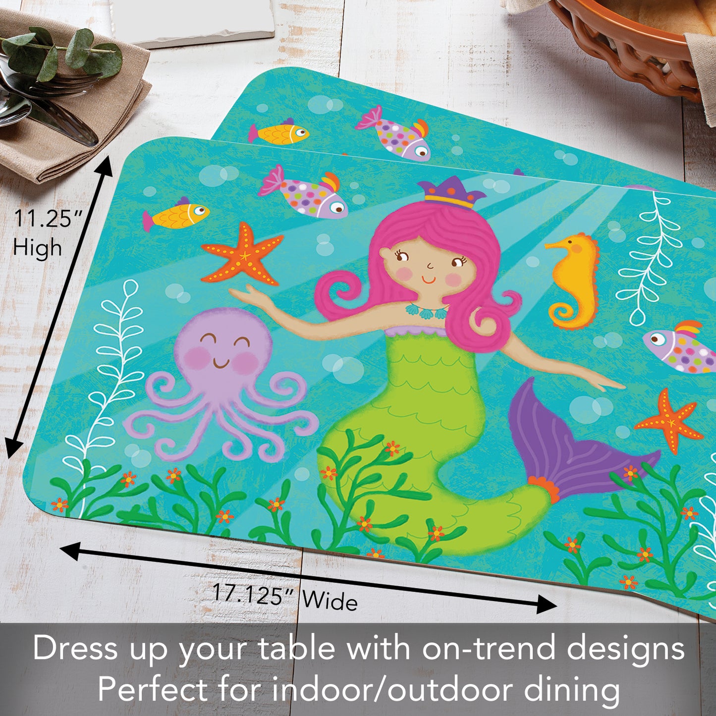 CounterArt 4 Pack Kids Mermaid Reversible Easy Care Flexible Placemats Made in the USA