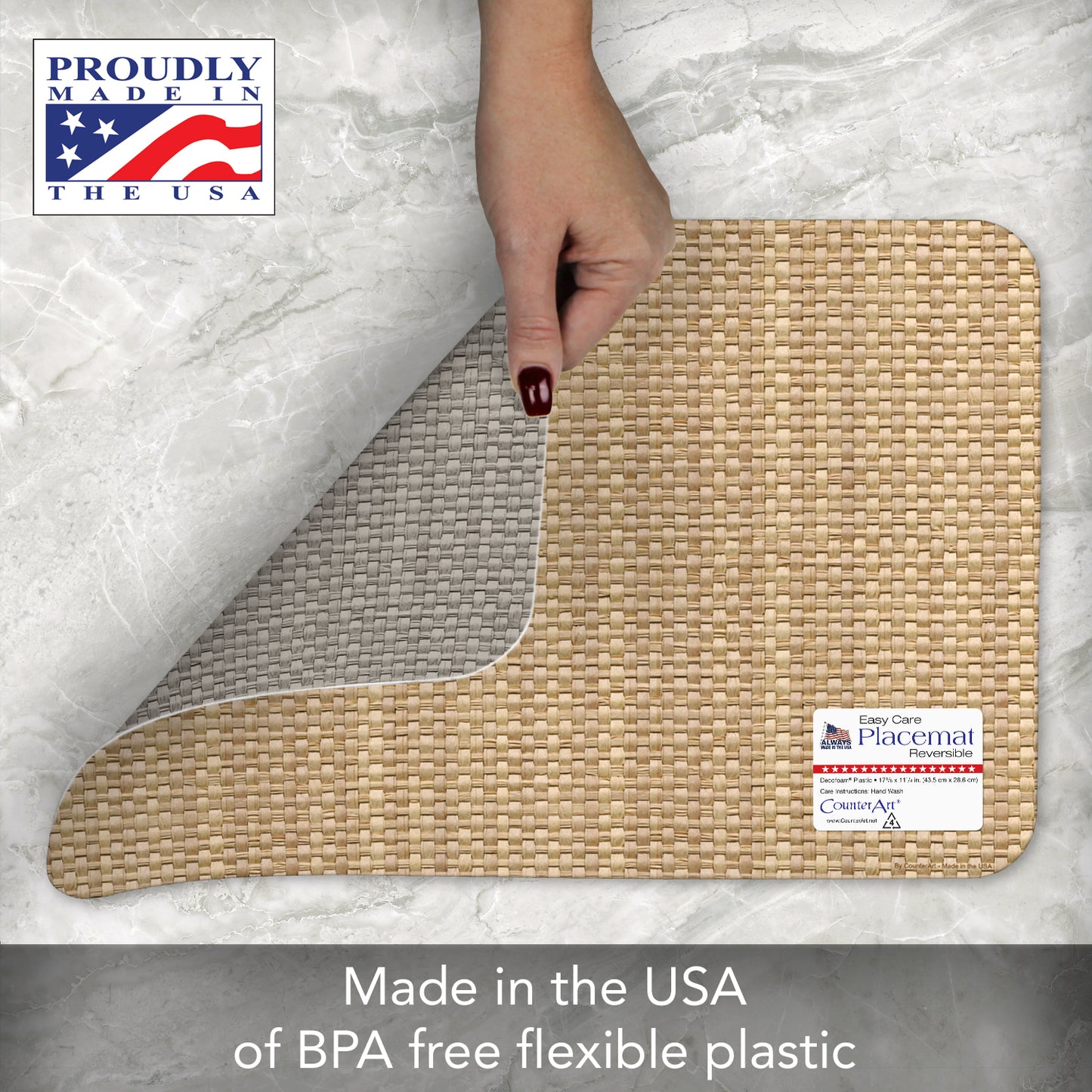 CounterArt Taupe Faux Basket Weave 4 Pack Reversible Easy Care Flexible Placemats Made in the USA