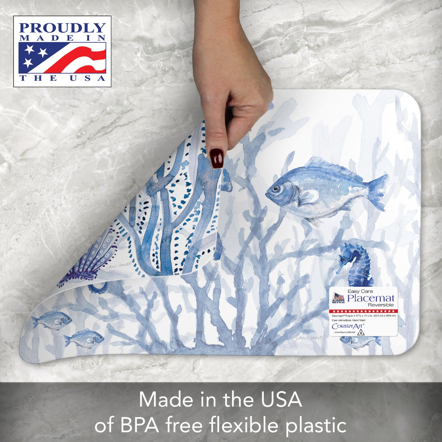 CounterArt Indigo Coastal 4 Pack Reversible Easy Care Flexible Placemats Made in the USA