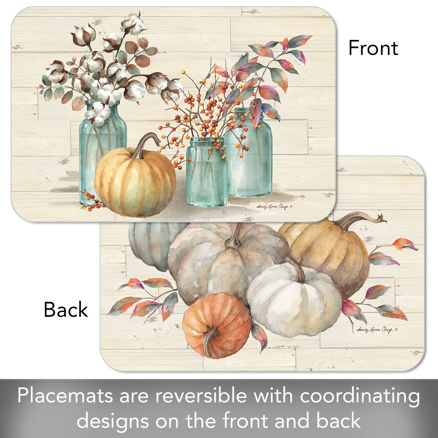 CounterArt Pumpkin Time 4 Pack Reversible Easy Care Placemats Made in the USA