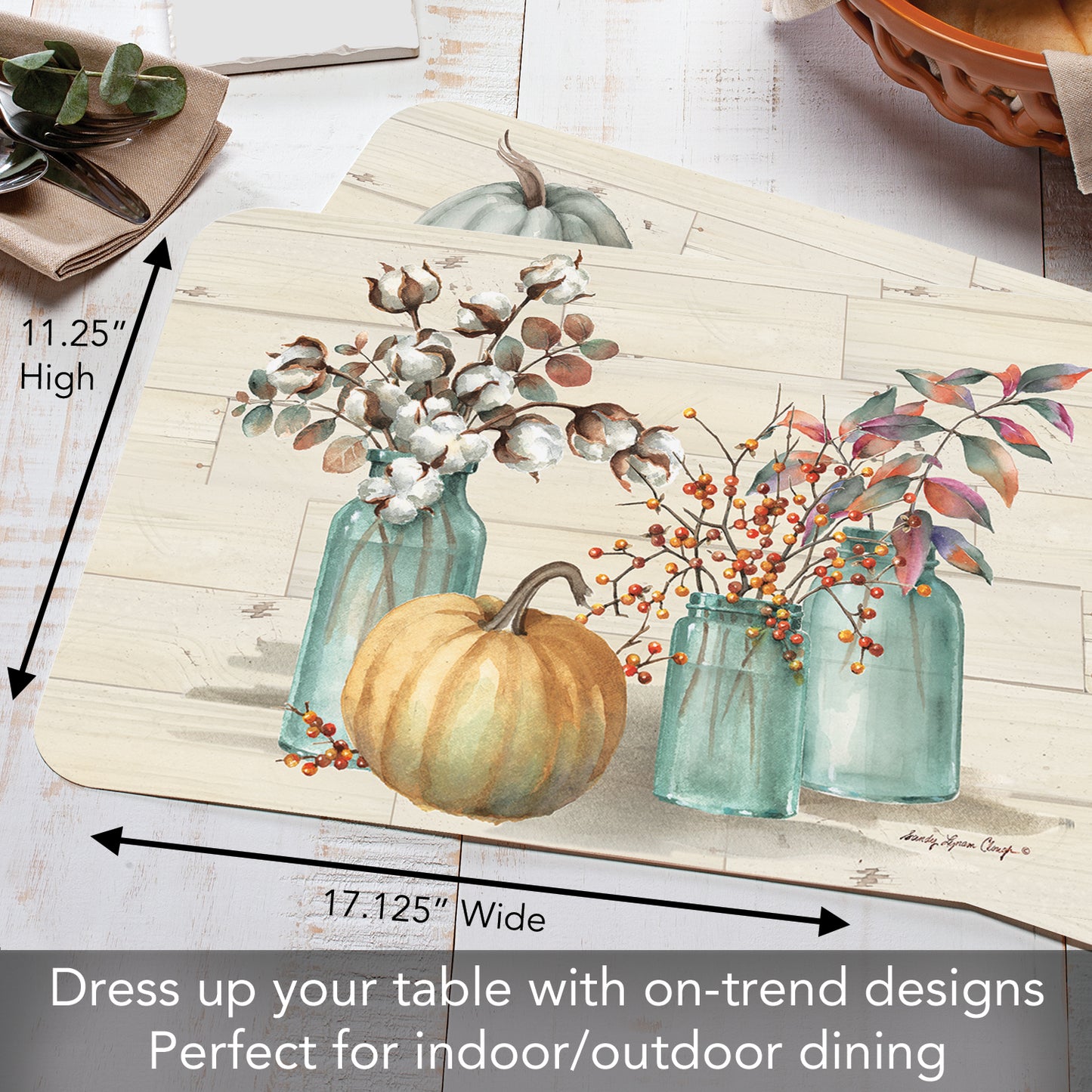 CounterArt Pumpkin Time 4 Pack Reversible Easy Care Placemats Made in the USA
