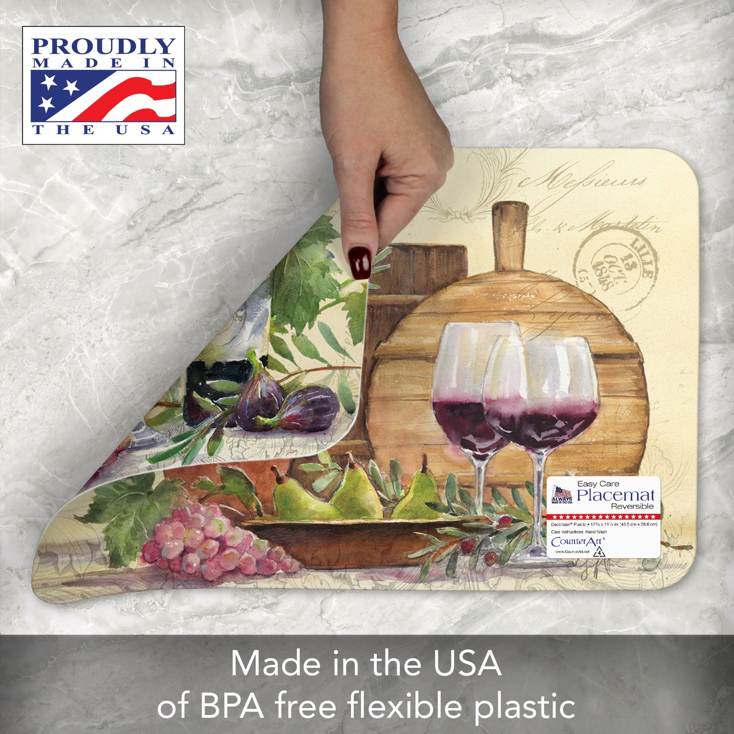 CounterArt Rustic Wine 4 Pack Reversible Easy Care Flexible Placemats Made in the USA