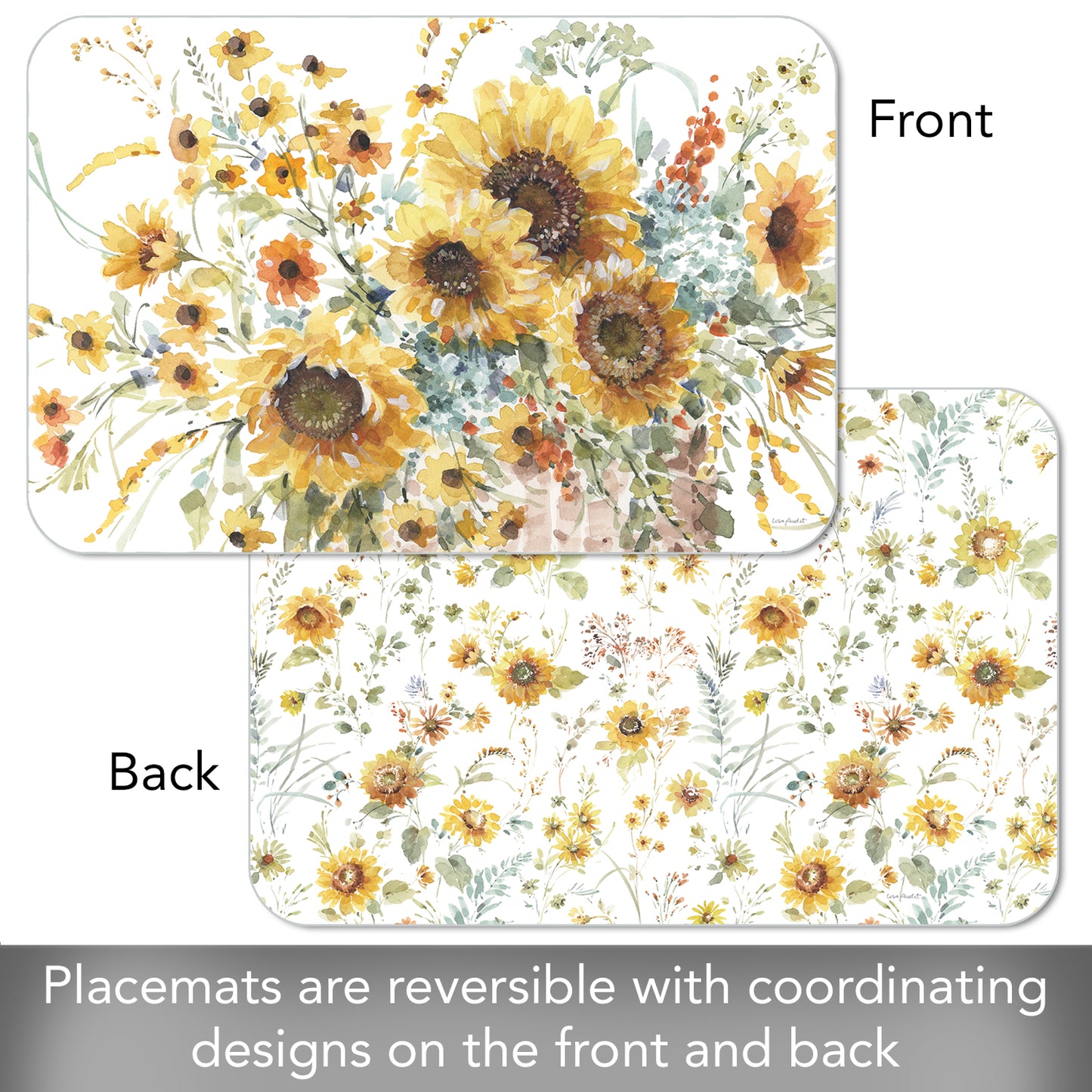 CounterArt Sunflowers Forever 4 Pack Reversible Easy Care Flexible Placemats Made in the USA