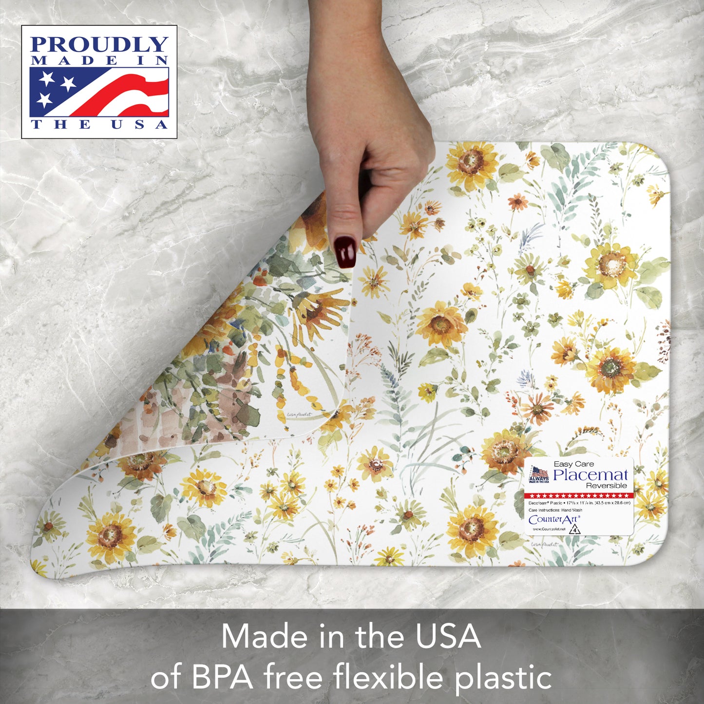CounterArt Sunflowers Forever 4 Pack Reversible Easy Care Flexible Placemats Made in the USA
