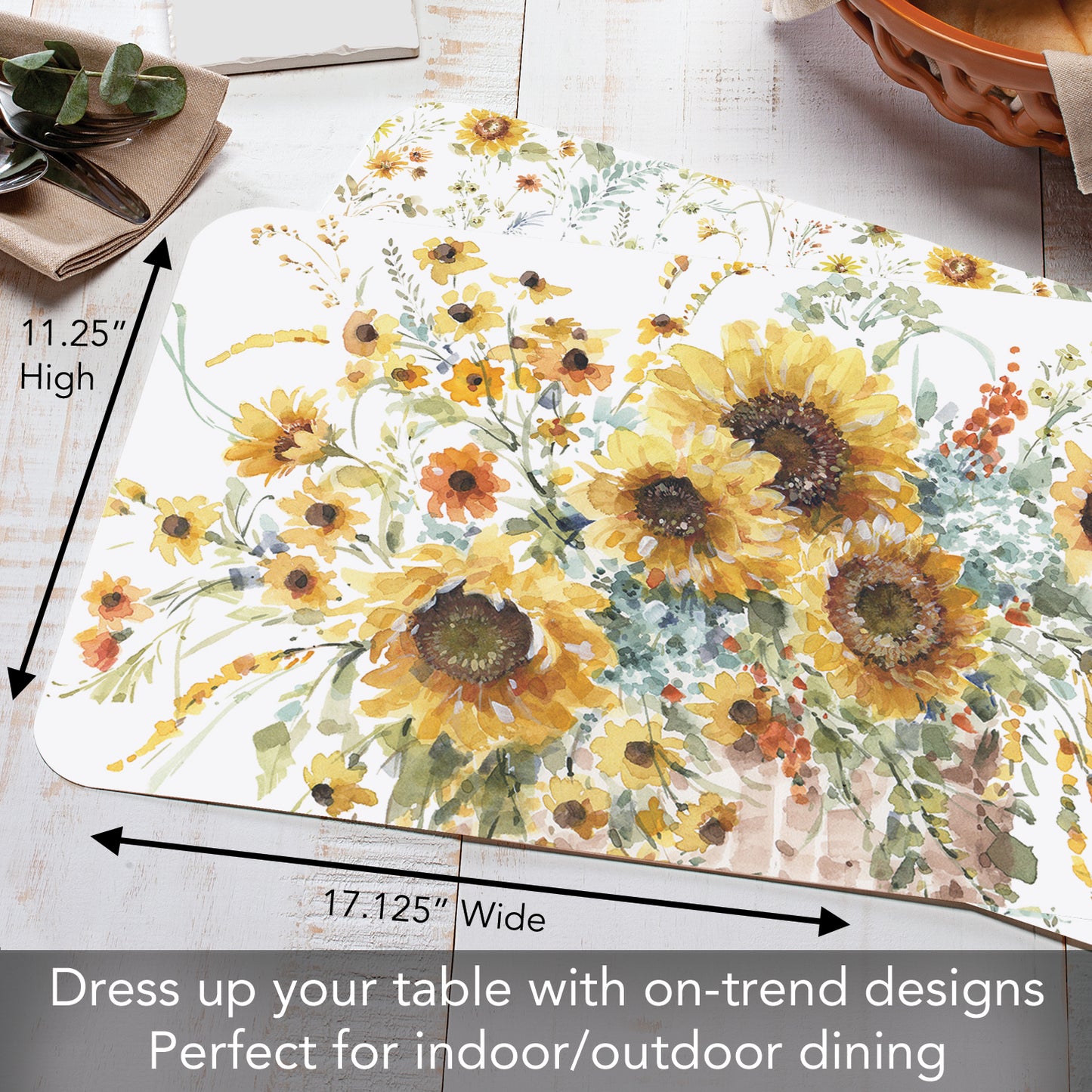 CounterArt Sunflowers Forever 4 Pack Reversible Easy Care Flexible Placemats Made in the USA