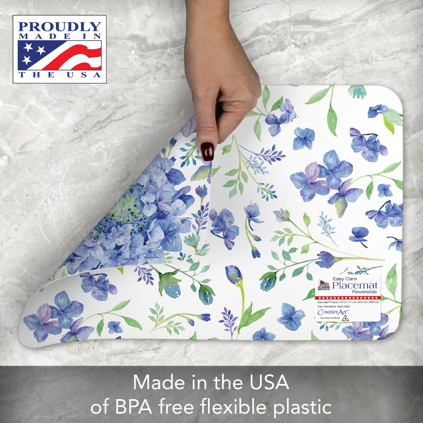 CounterArt Beautiful Hydrangea 4 Pack Reversible Easy Care Flexible Placemats Made in the USA
