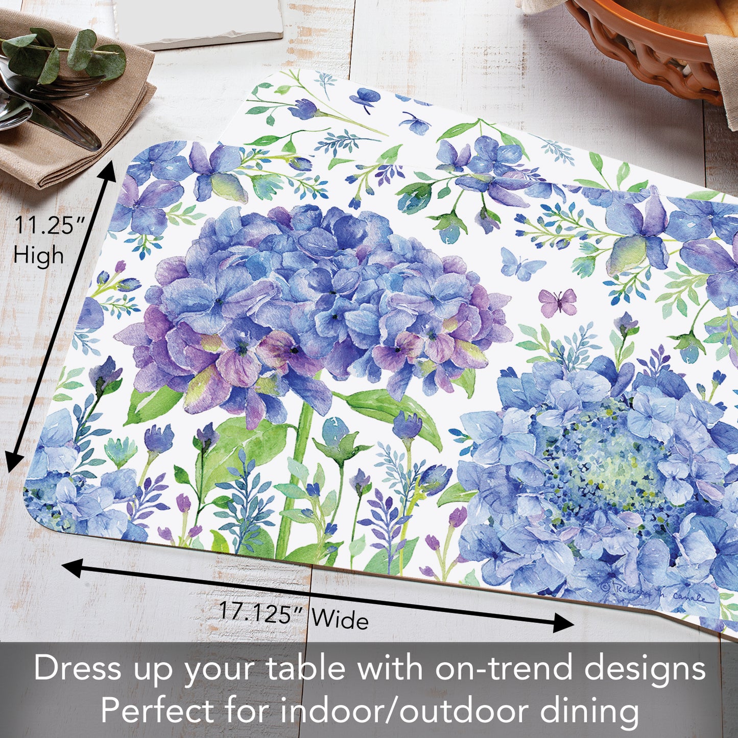 CounterArt Beautiful Hydrangea 4 Pack Reversible Easy Care Flexible Placemats Made in the USA