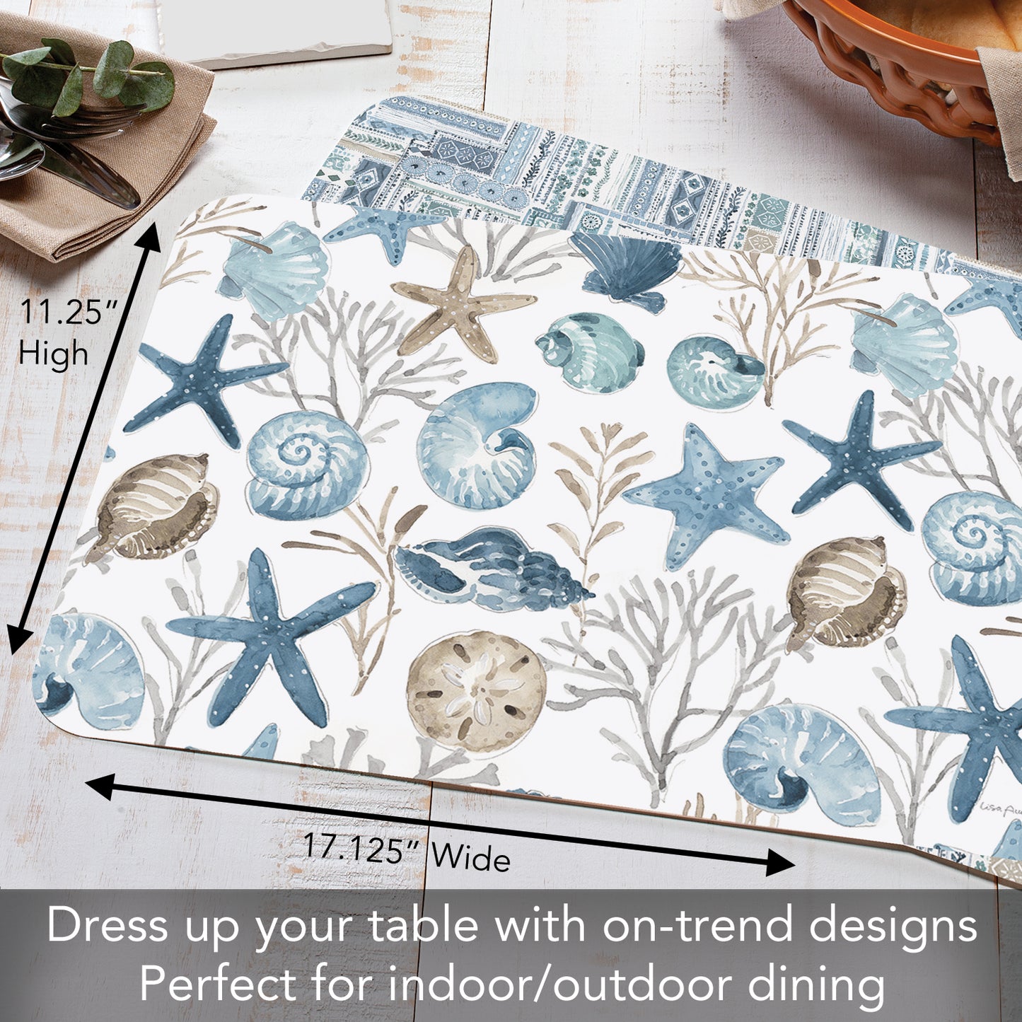 CounterArt Blue Escape Seashells 4 Pack Reversible Easy Care Flexible Placemats Made in the USA