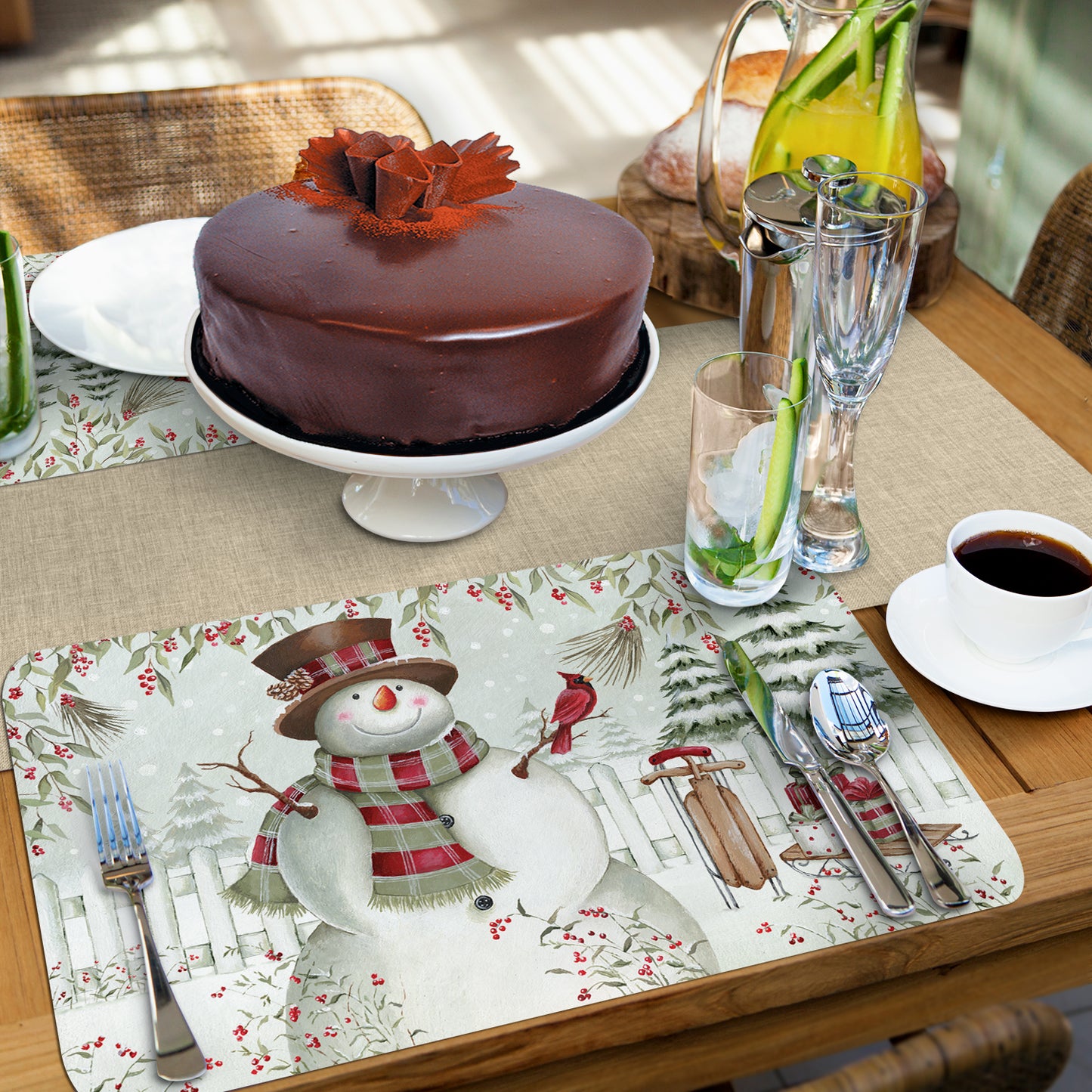 CounterArt Brown Hat Snowman 4 Pack Reversible Easy Care Placemats Made in the USA