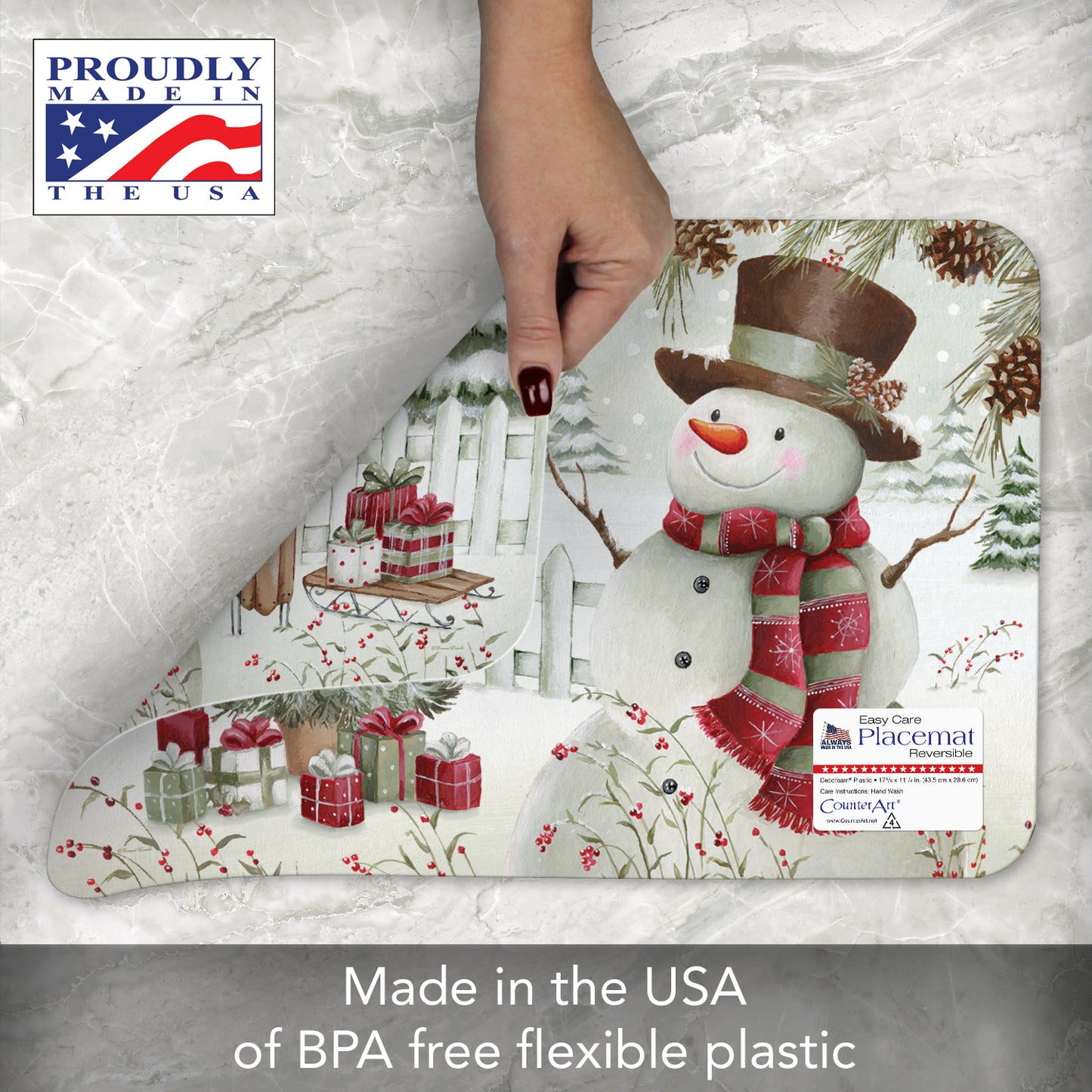 CounterArt Brown Hat Snowman 4 Pack Reversible Easy Care Placemats Made in the USA