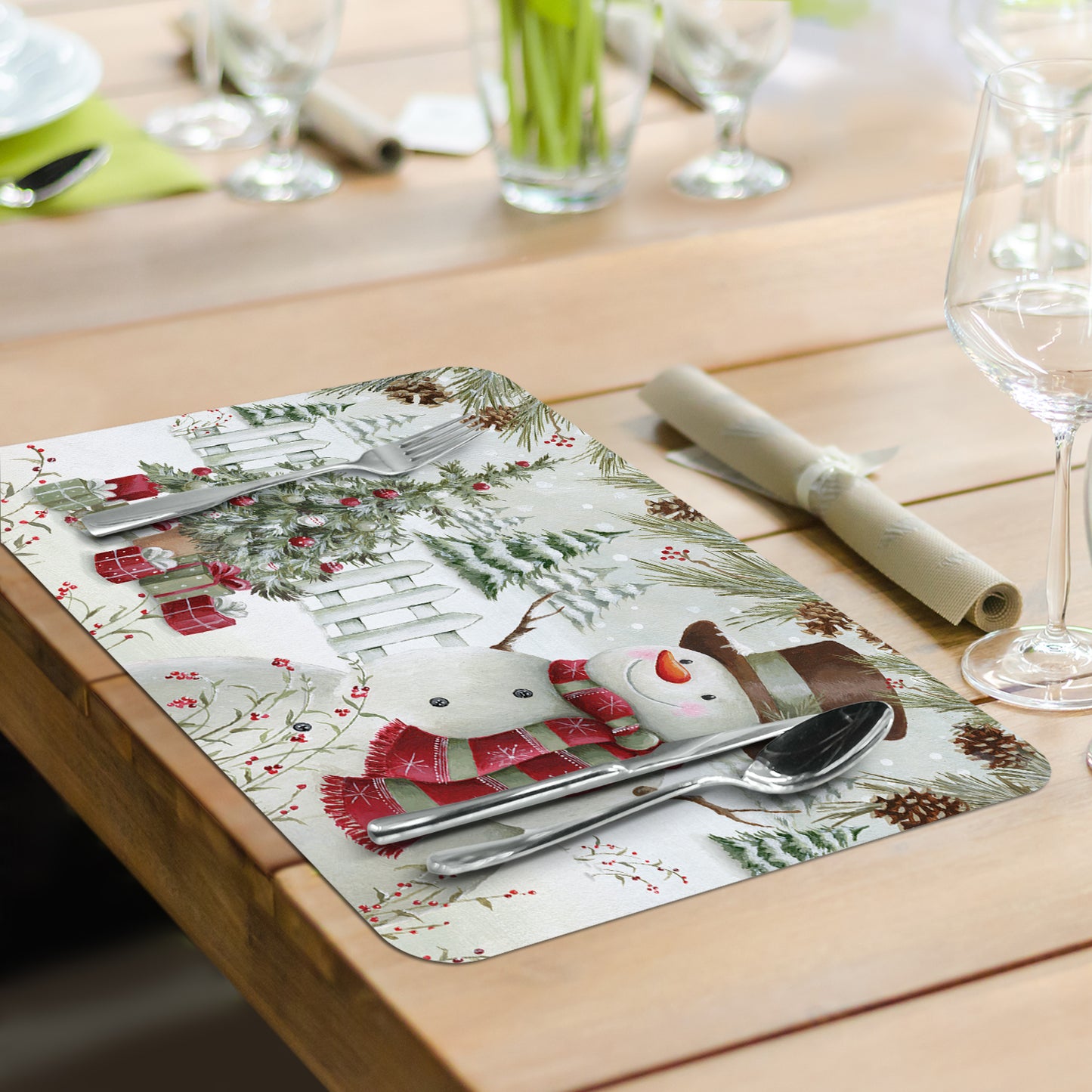 CounterArt Brown Hat Snowman 4 Pack Reversible Easy Care Placemats Made in the USA