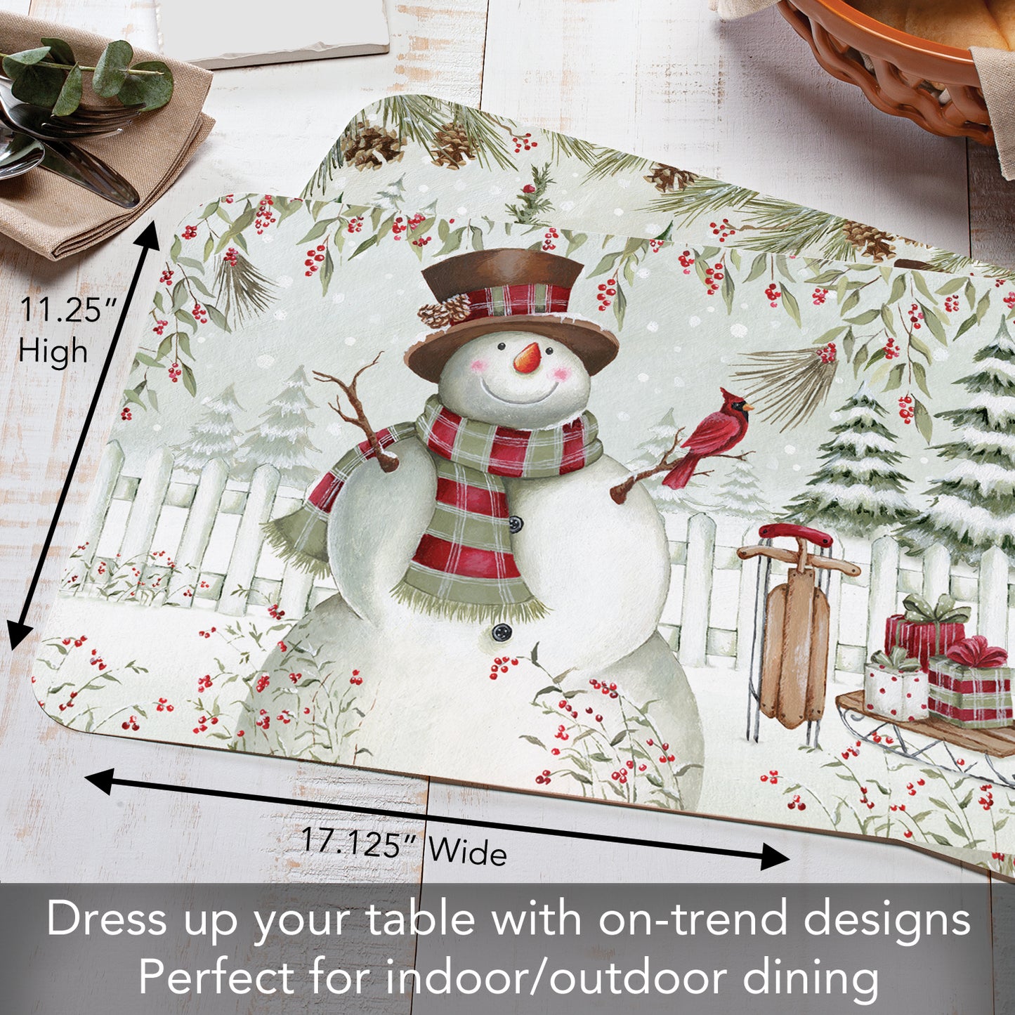 CounterArt Brown Hat Snowman 4 Pack Reversible Easy Care Placemats Made in the USA