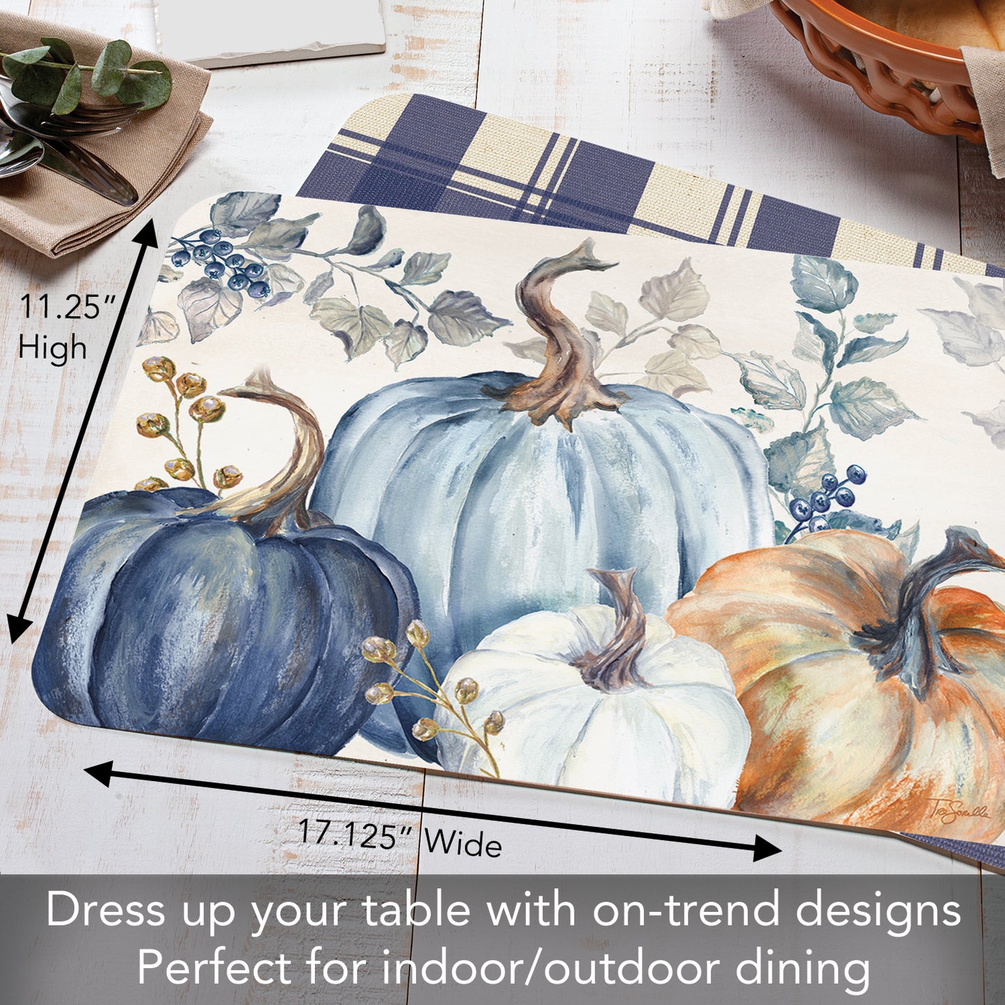CounterArt Pumpkin Blues 4 Pack Reversible Easy Care Placemats Made in the USA