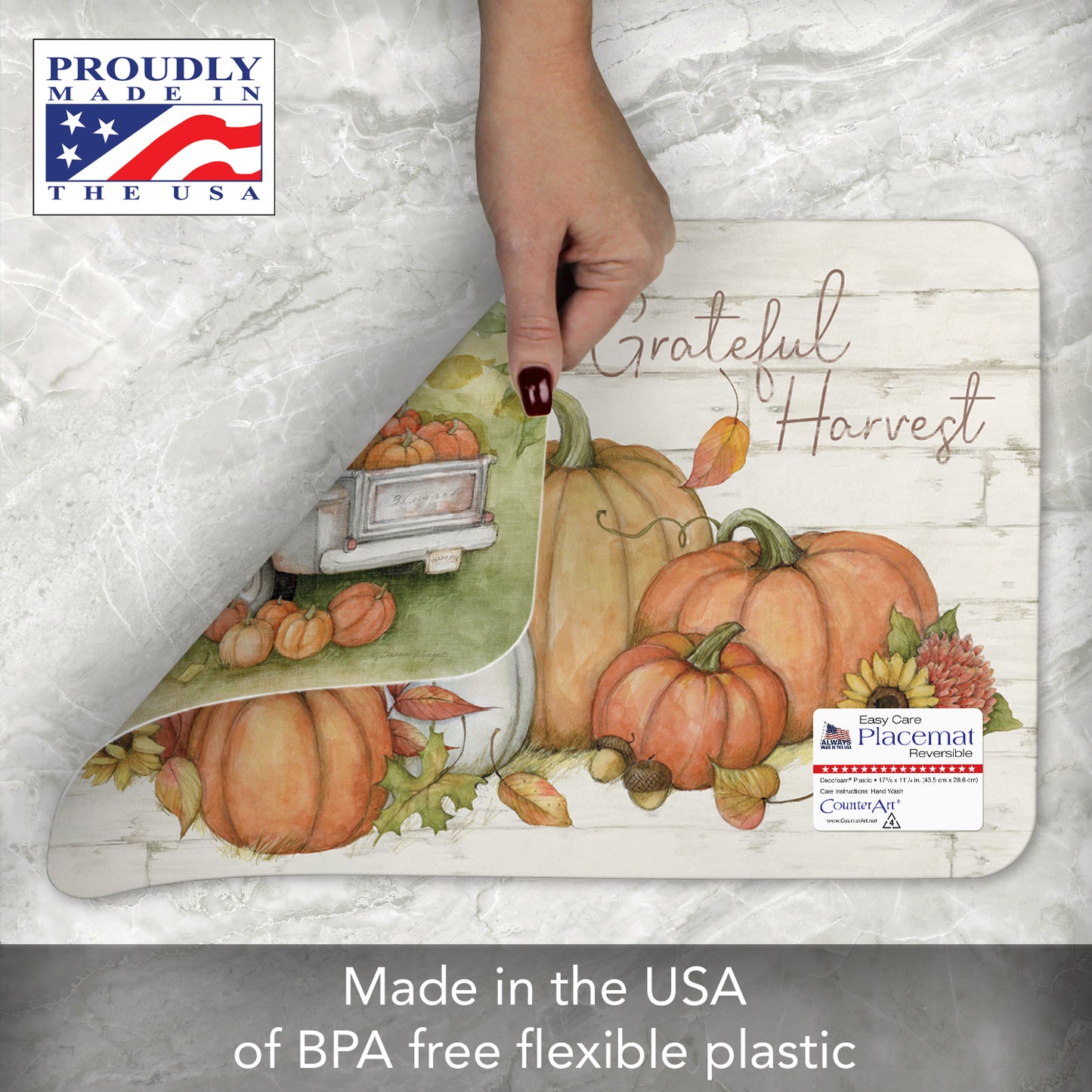 CounterArt Pumpkin Farm 4 Pack Reversible Easy Care Placemats Made in the USA