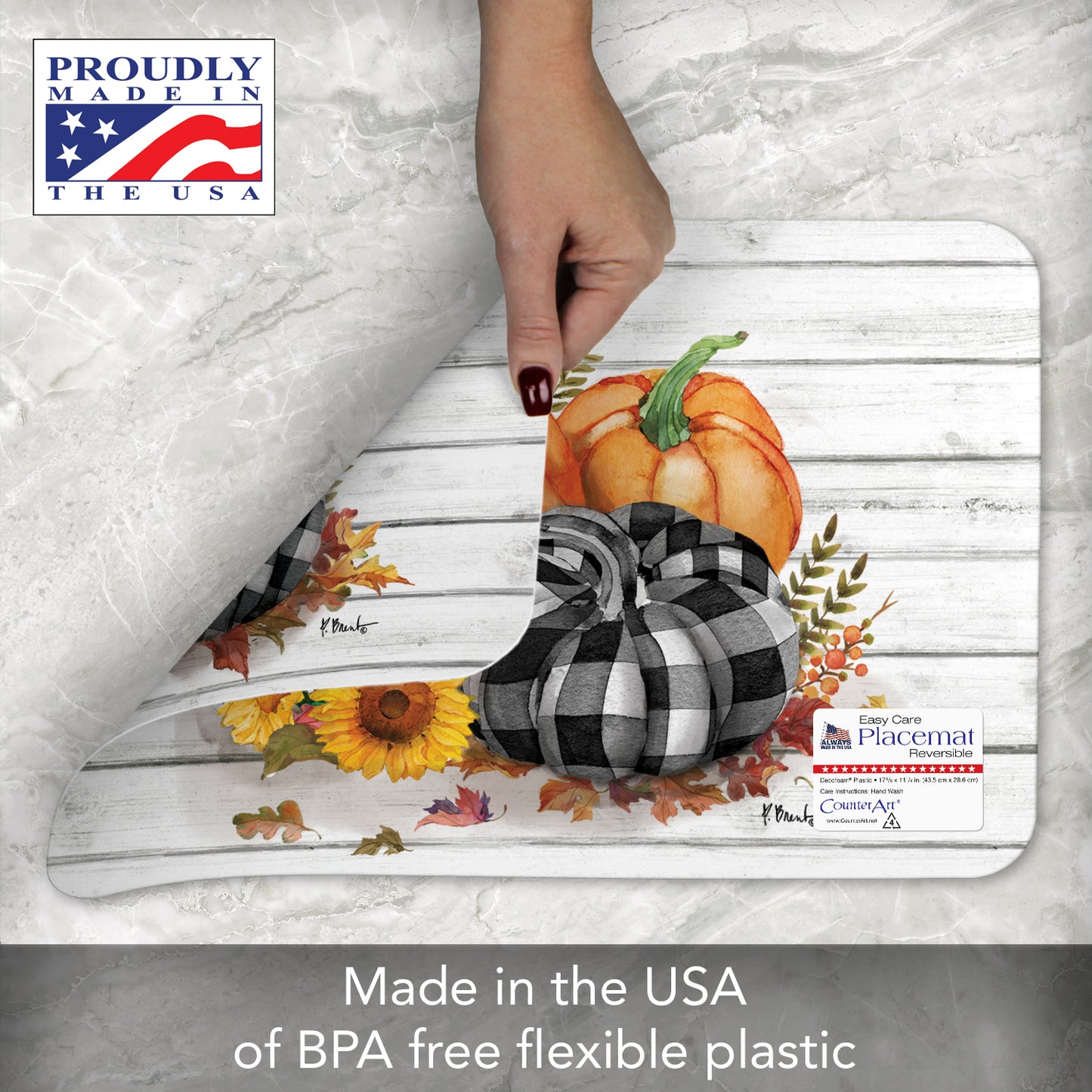 CounterArt Rustic Fall 4 Pack Reversible Easy Care Placemats Made in the USA