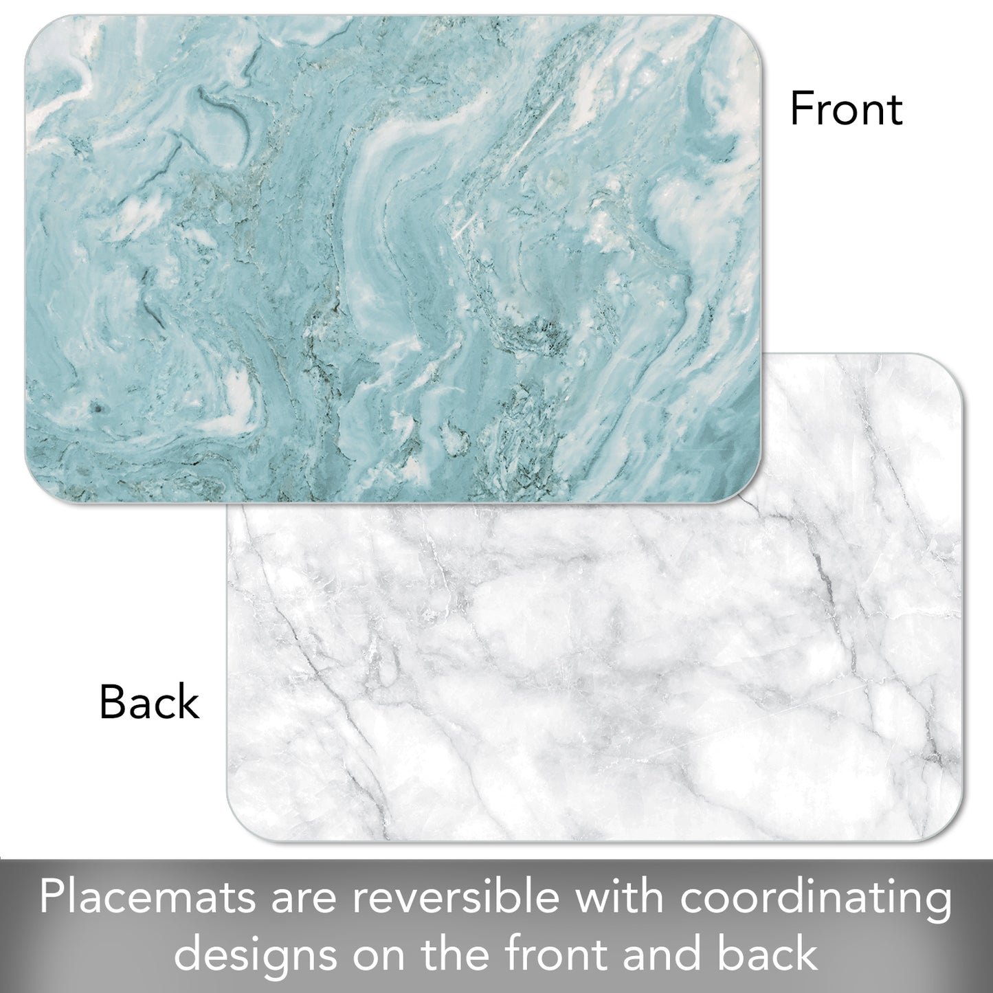 CounterArt Teal & White Printed Quartz Design 4 Pack Reversible Easy Care Flexible Placemats Made in the USA