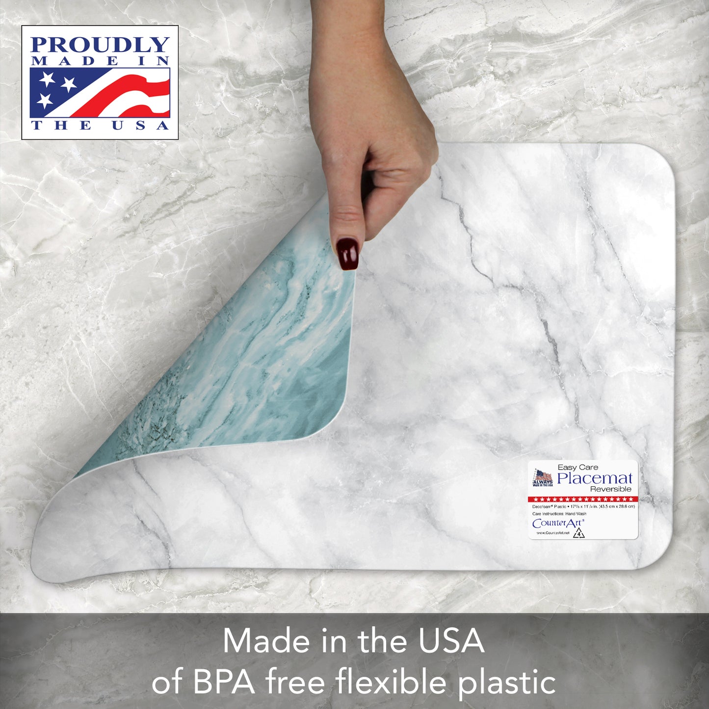 CounterArt Teal & White Printed Quartz Design 4 Pack Reversible Easy Care Flexible Placemats Made in the USA