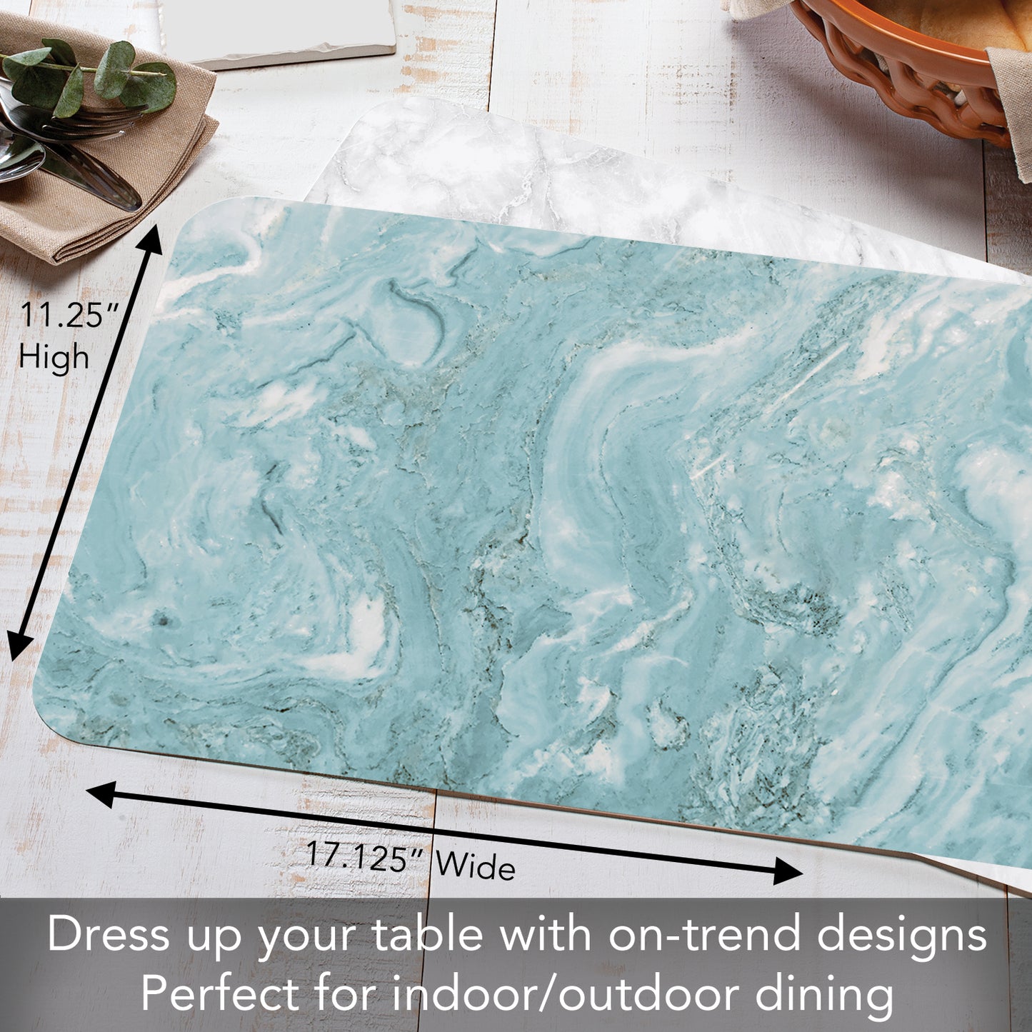 CounterArt Teal & White Printed Quartz Design 4 Pack Reversible Easy Care Flexible Placemats Made in the USA