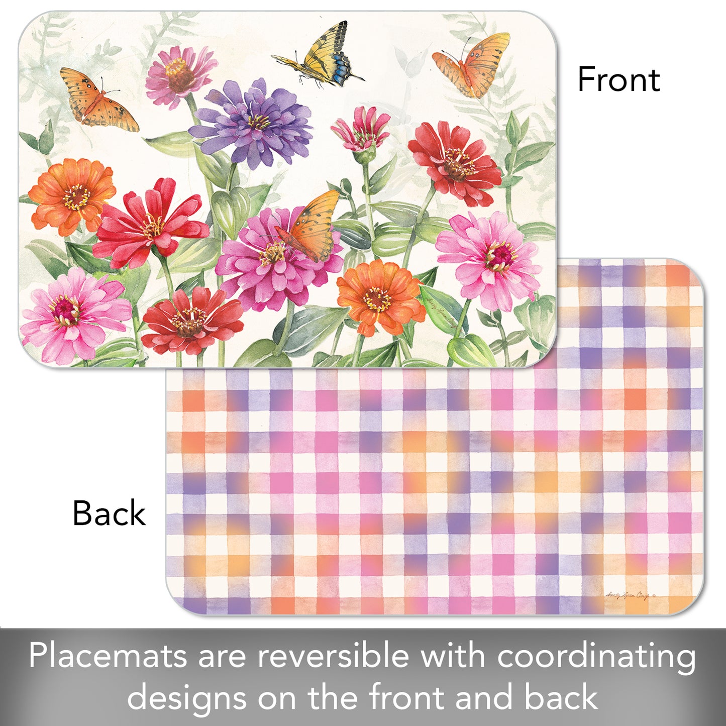 CounterArt Zinnias & Butterflies 4 Pack Reversible Easy Care Flexible Placemats Made in the USA