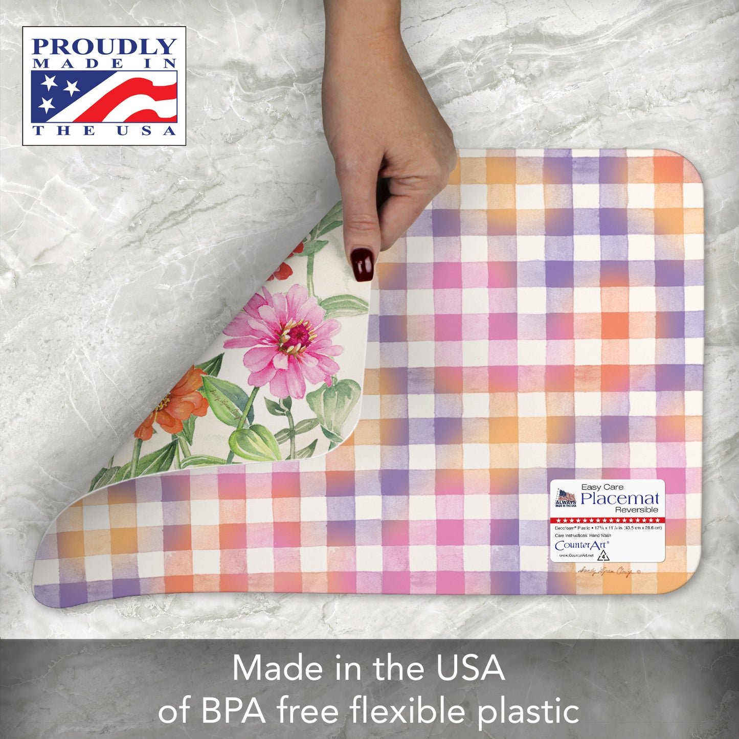 CounterArt Zinnias & Butterflies 4 Pack Reversible Easy Care Flexible Placemats Made in the USA