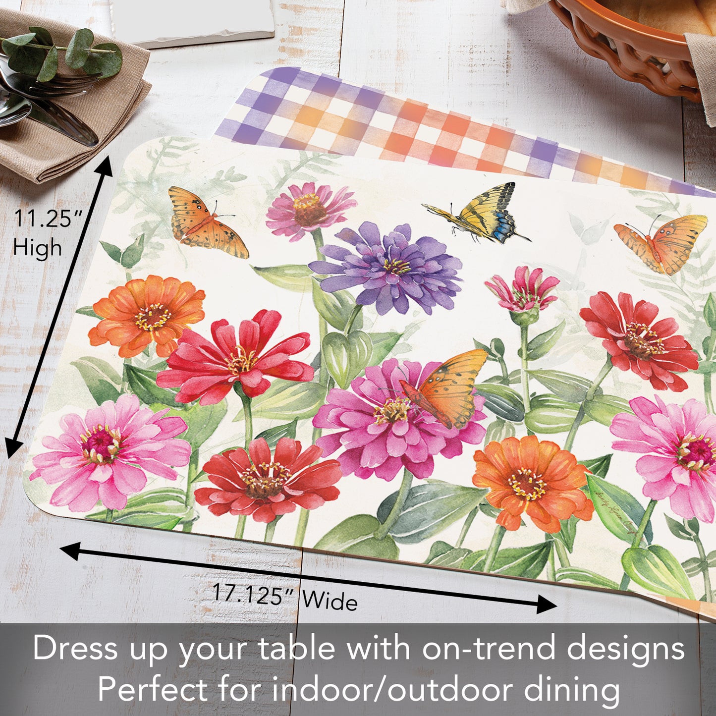 CounterArt Zinnias & Butterflies 4 Pack Reversible Easy Care Flexible Placemats Made in the USA