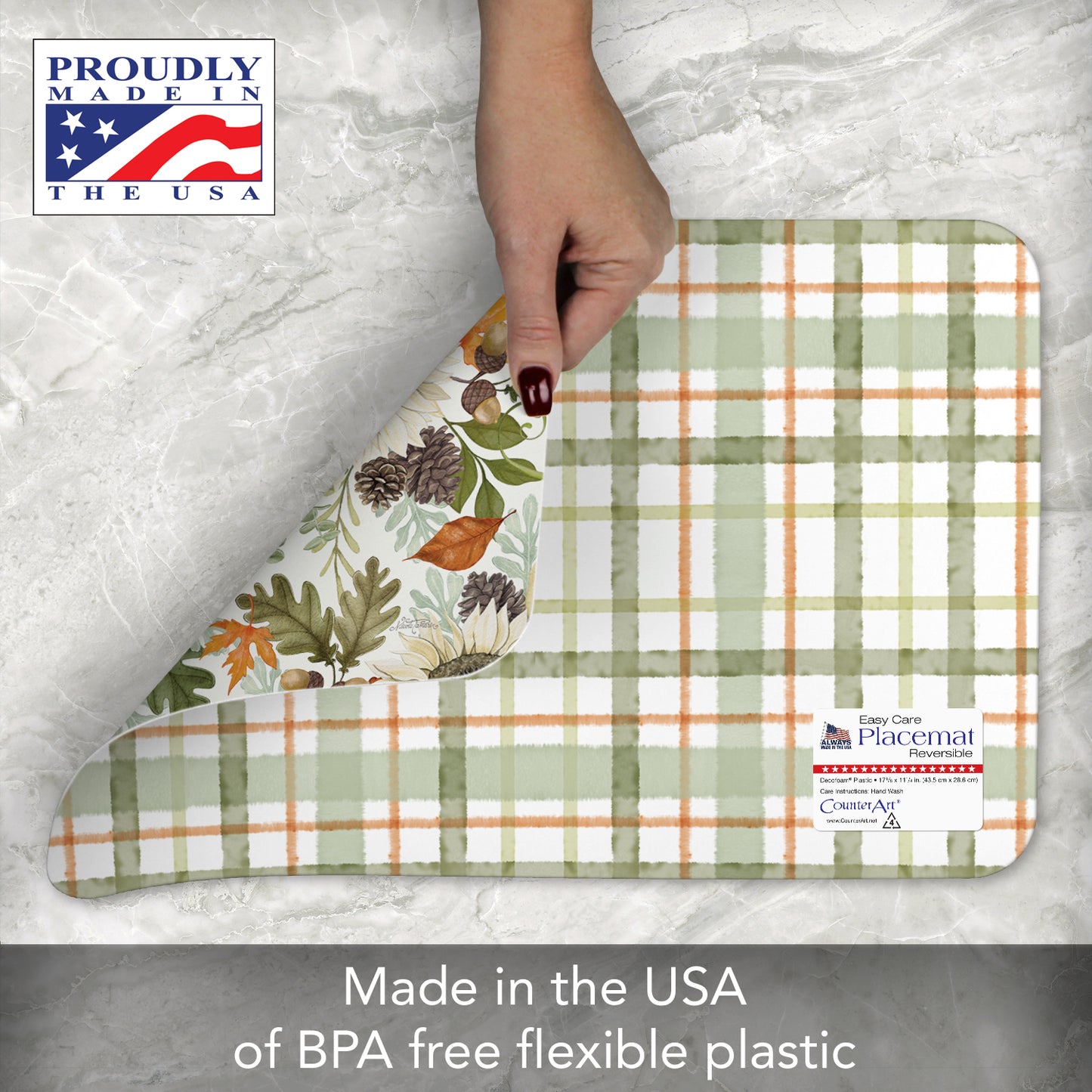 CounterArt Farmhouse Fall Reversible 4 Pack Easy Care Placemats 4 Pack Made in the USA