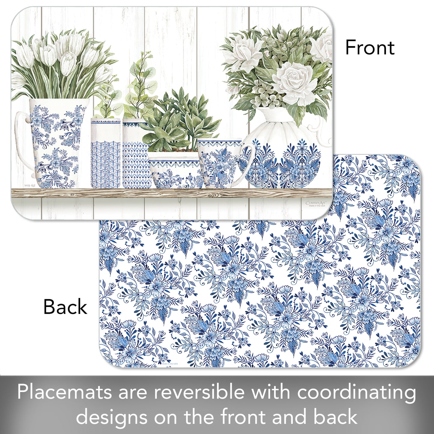 CounterArt Blue & White Pottery 4 Pack Reversible Easy Care Flexible Placemats Made in the USA