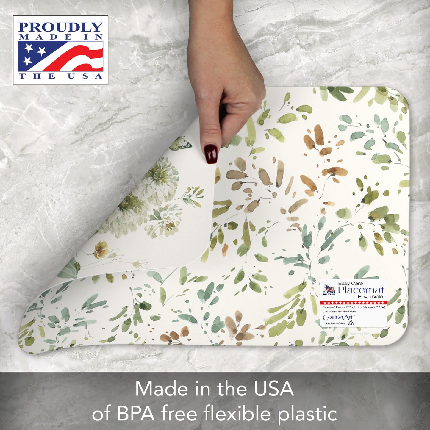 CounterArt Green Fields 4 Pack Reversible Easy Care Flexible Placemats Made in the USA