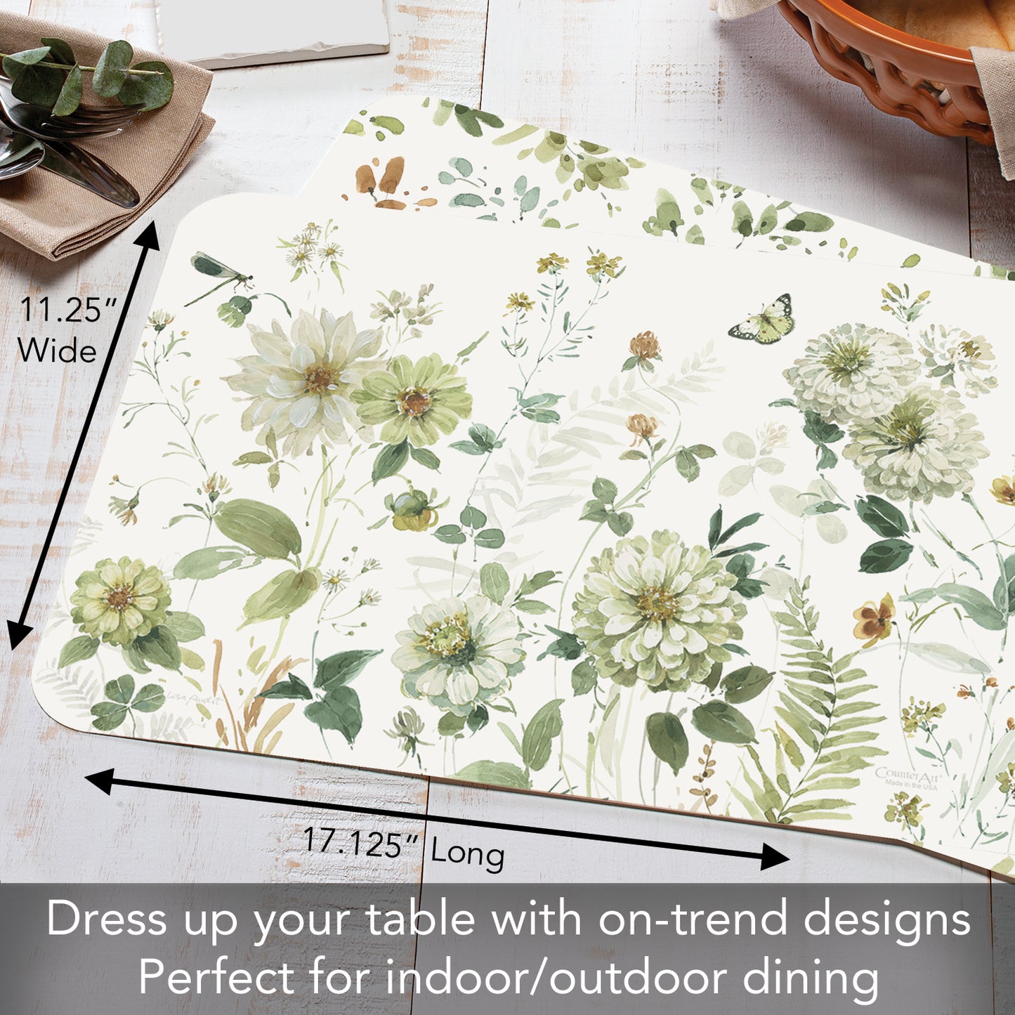 CounterArt Green Fields 4 Pack Reversible Easy Care Flexible Placemats Made in the USA