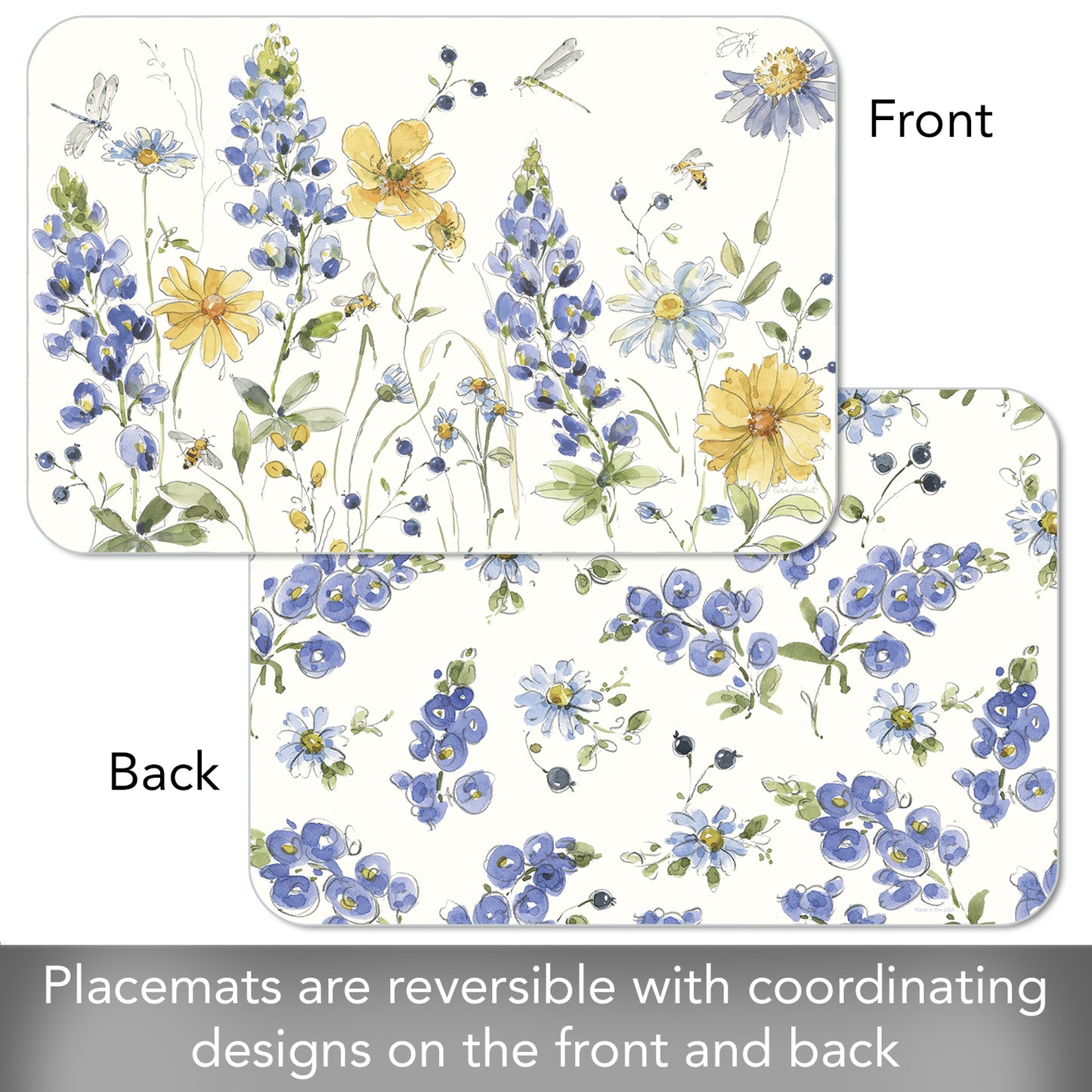 CounterArt Lovely Blues 4 Pack Reversible Easy Care Flexible Plastic Placemats Made in The USA