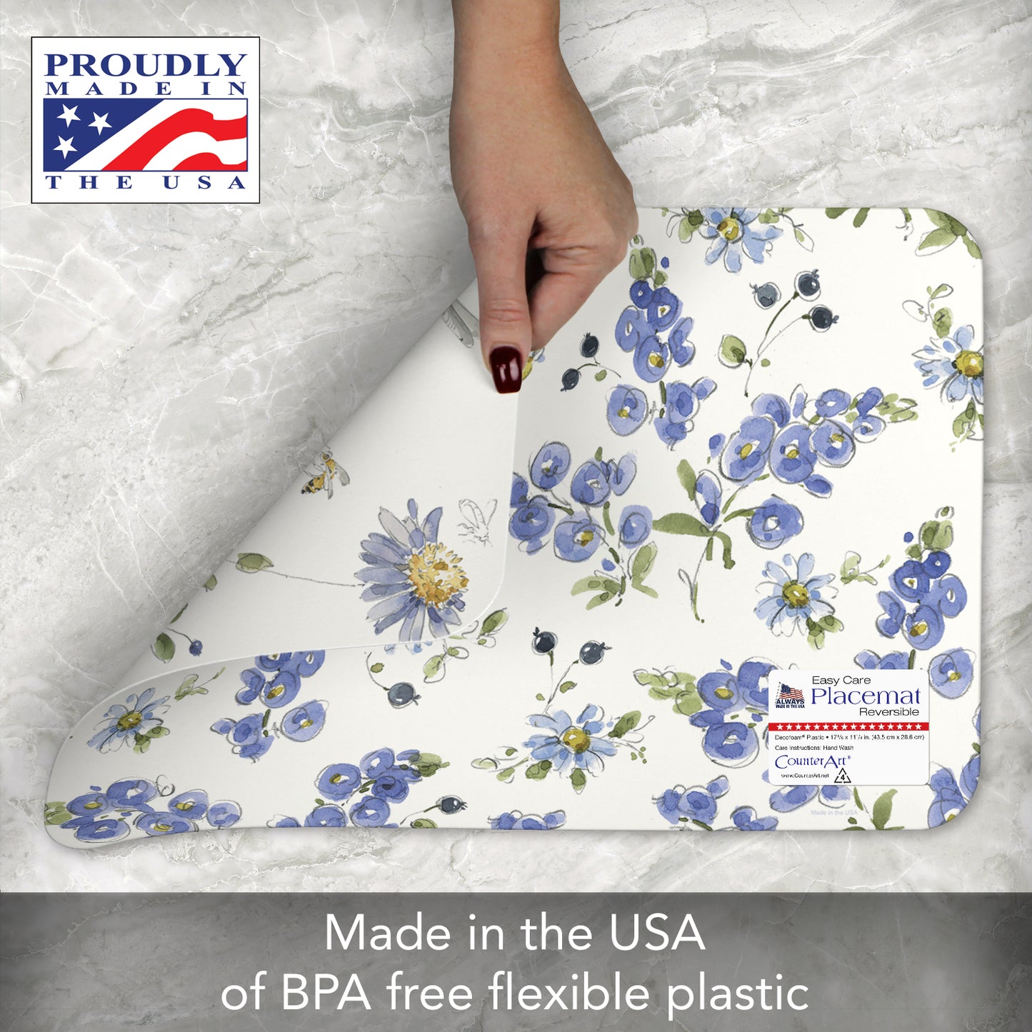 CounterArt Lovely Blues 4 Pack Reversible Easy Care Flexible Plastic Placemats Made in The USA