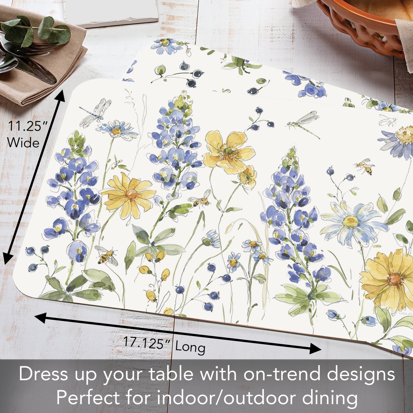 CounterArt Lovely Blues 4 Pack Reversible Easy Care Flexible Plastic Placemats Made in The USA
