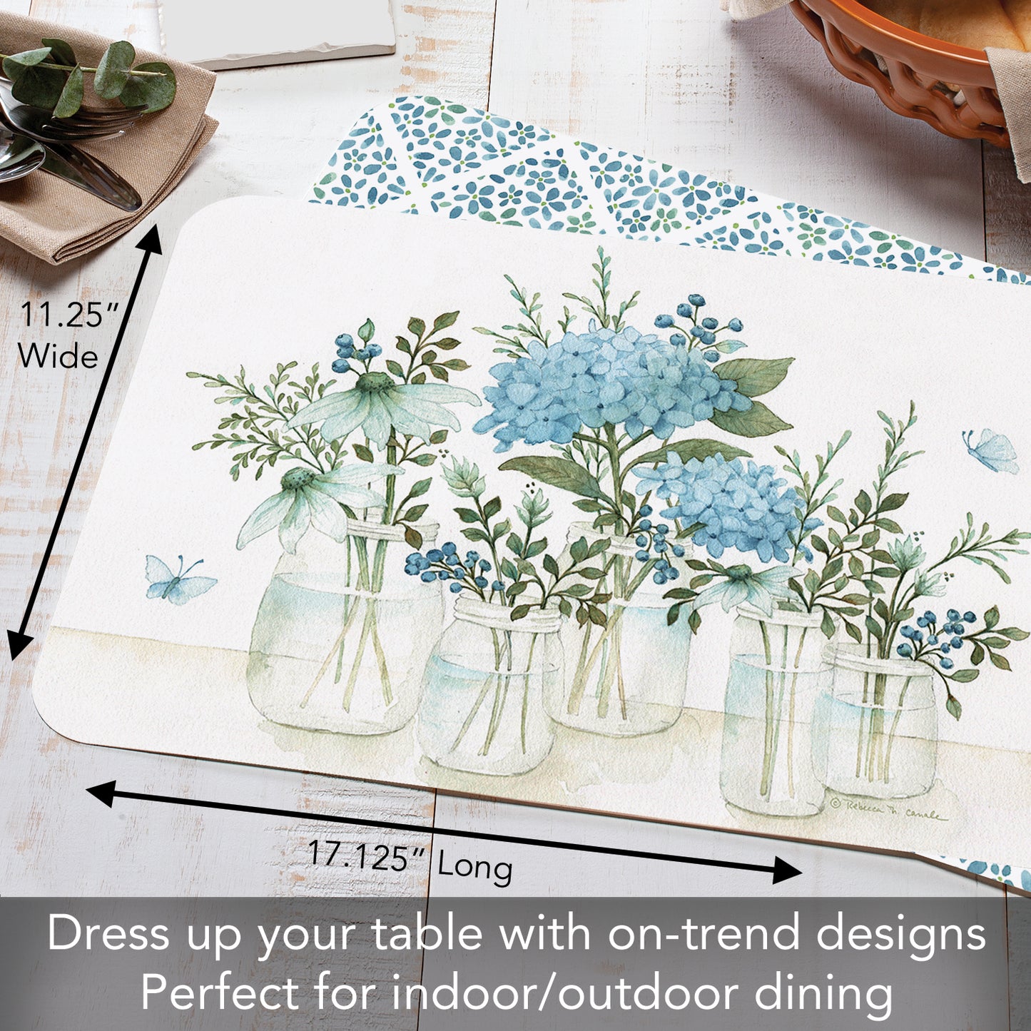 CounterArt Floral Mason Jars 4 Pack Reversible Easy Care Flexible Placemats Made in the USA