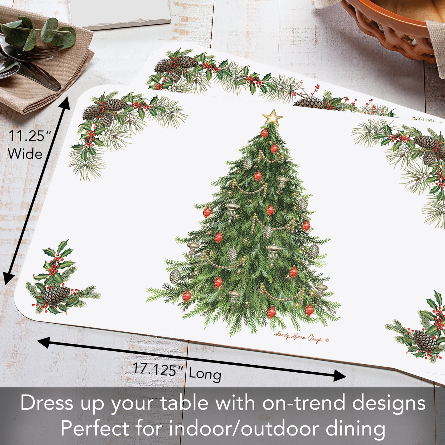 CounterArt O' Christmas Tree 4 Pack Reversible Easy Care Placemats Made in the USA