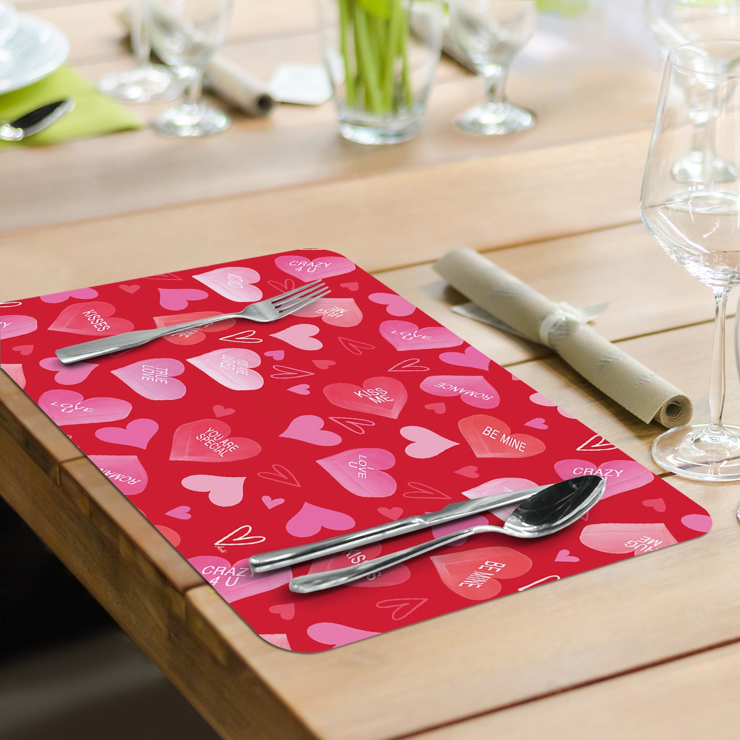 CounterArt Candy Hearts 4 Pack Easy Care Flexible Plastic Placemat Made in The USA BPA Free, Easily Wipes Clean