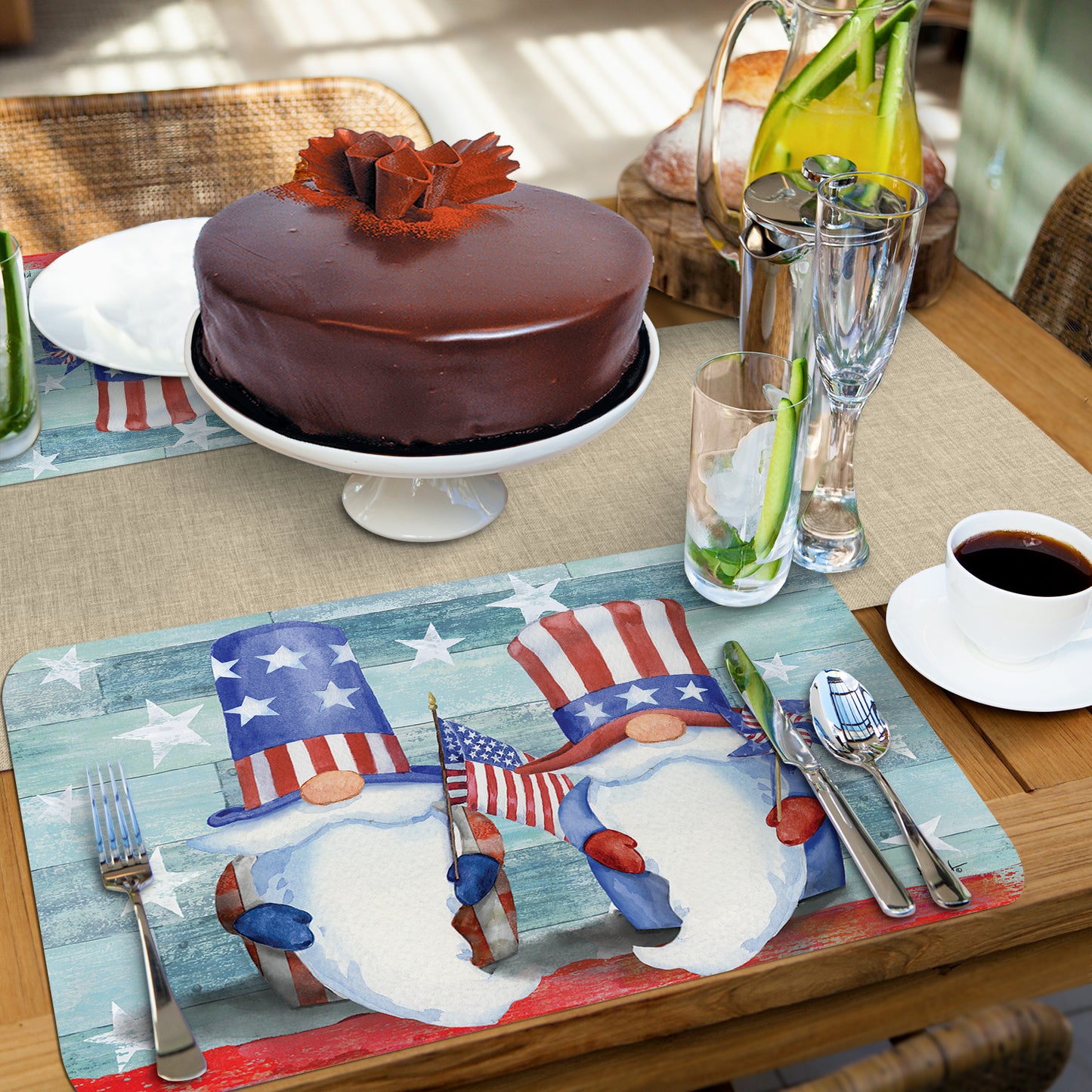CounterArt Patriotic Gnomes 4 Pack Easy Care Flexible Plastic Placemats Made in The USA BPA Free, Easily Wipes Clean