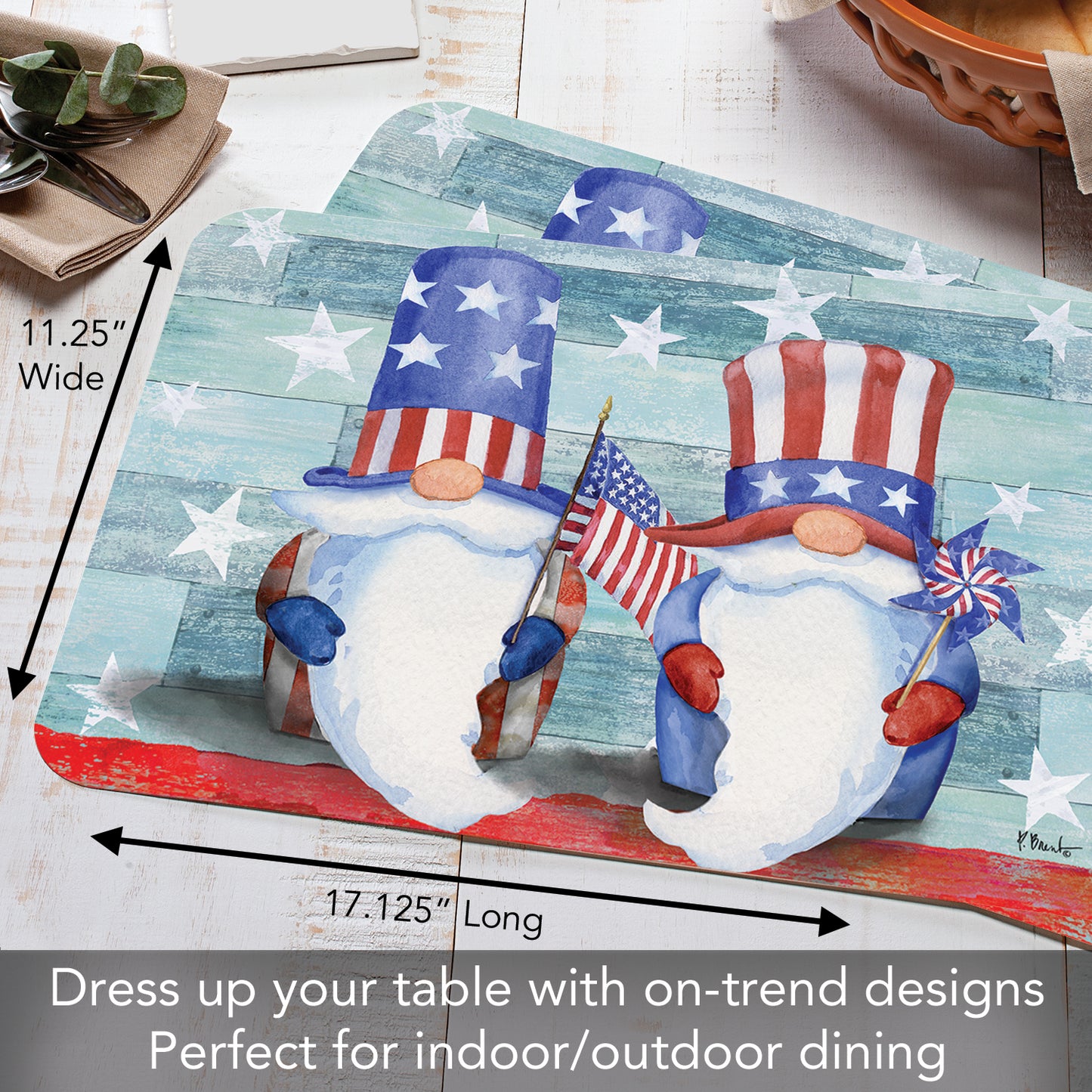 CounterArt Patriotic Gnomes 4 Pack Easy Care Flexible Plastic Placemats Made in The USA BPA Free, Easily Wipes Clean