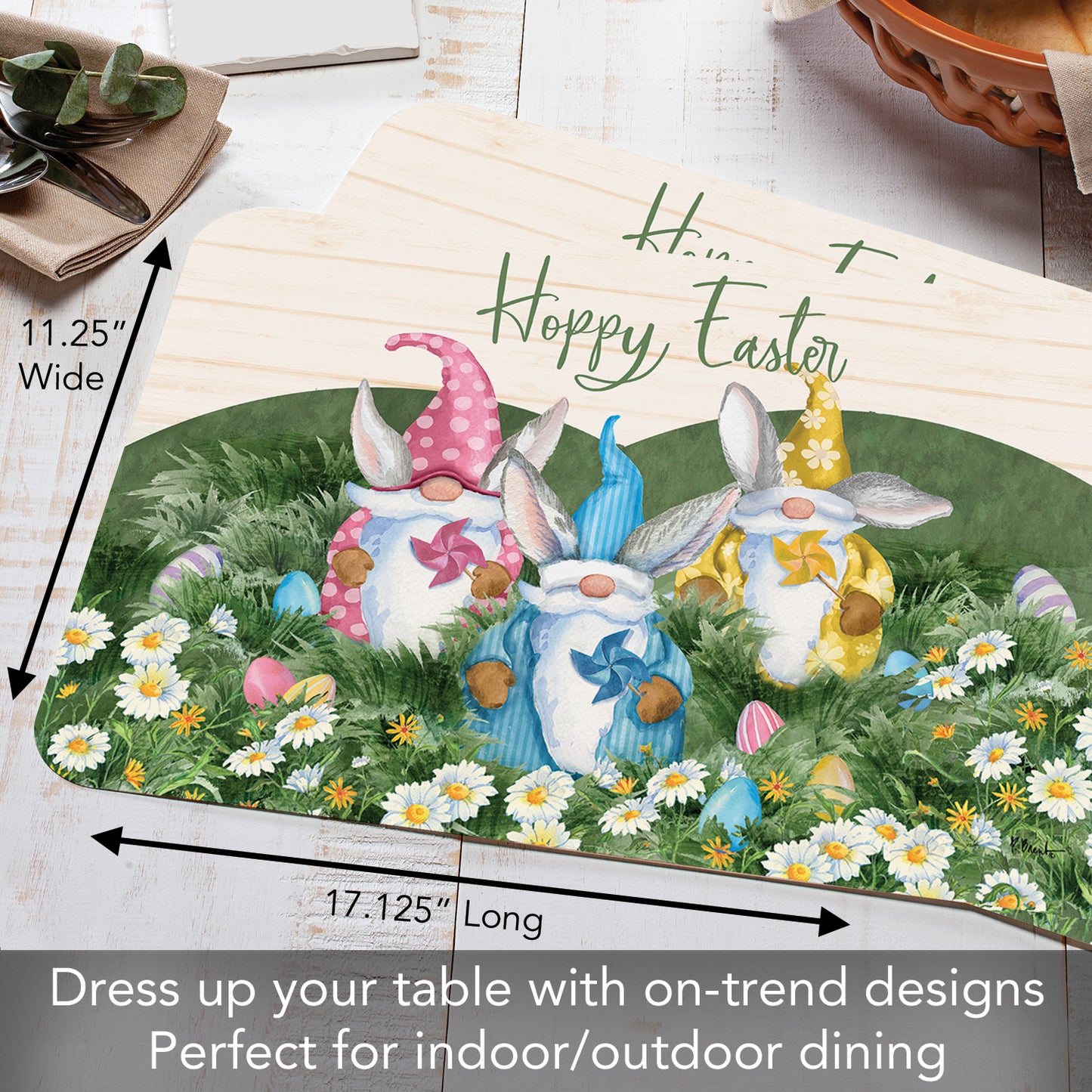 CounterArt Hoppy Easter Gnomes 4 Pack Easy Care Flexible Plastic Placemat Made in The USA BPA Free, Easily Wipes Clean