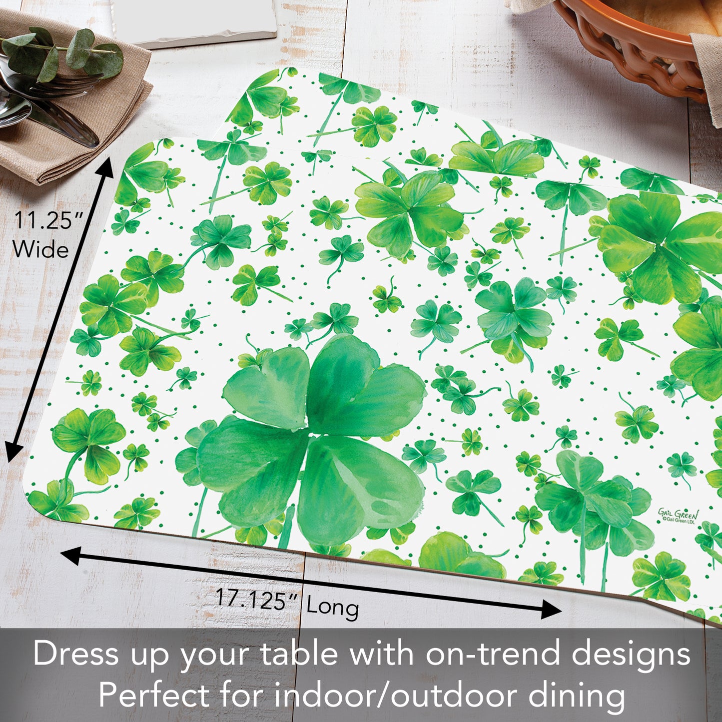 CounterArt Shamrock Pattern 4 Pack Easy Care Flexible Plastic Placemat Made in The USA BPA Free, Easily Wipes Clean