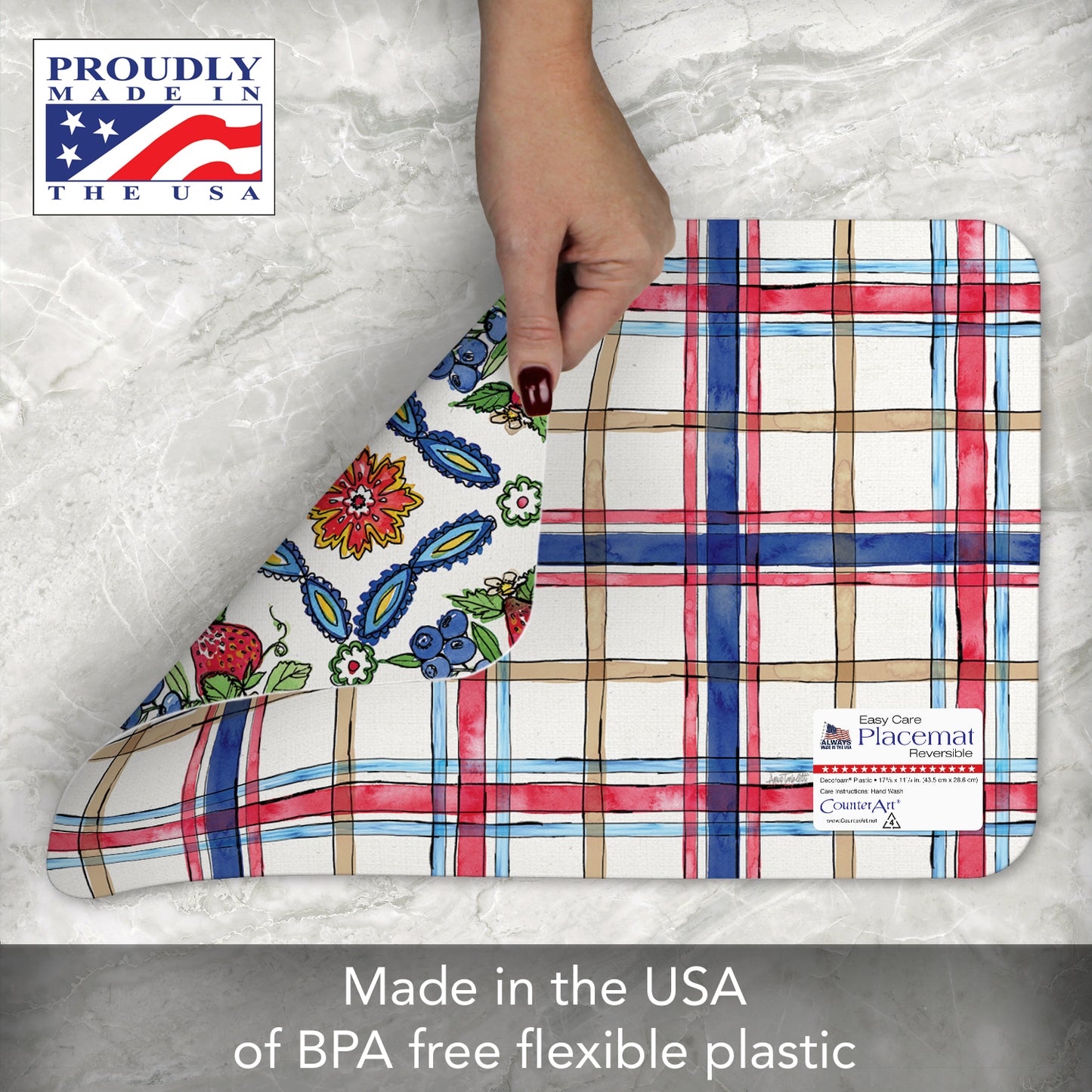 CounterArt Strawberry Garden 4 Pack Reversible Easy Care Flexible Placemats Made in the USA