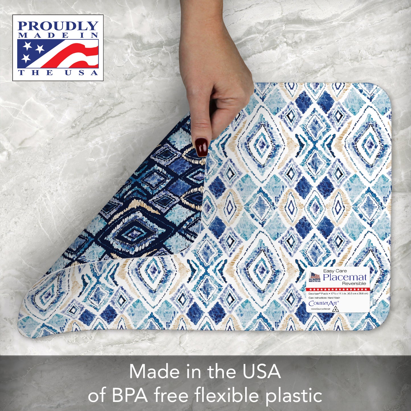 CounterArt Paloma Indigo 4 Pack Reversible Easy Care Flexible Placemats Made in the USA