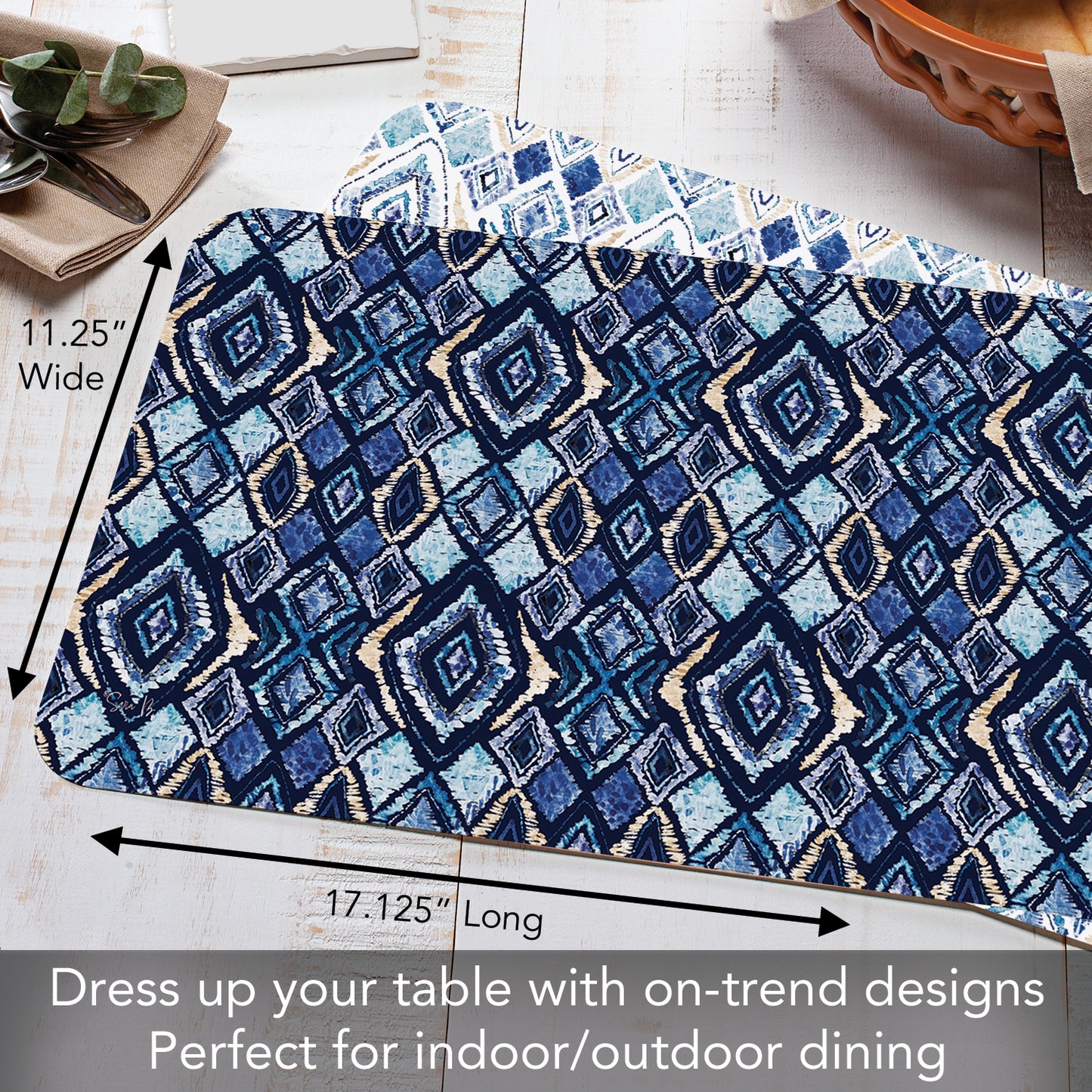 CounterArt Paloma Indigo 4 Pack Reversible Easy Care Flexible Placemats Made in the USA