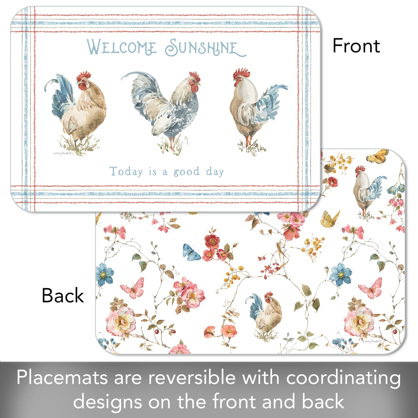 CounterArt Countryside Roosters 4 Pack Reversible Easy Care Flexible Placemats Made in the USA