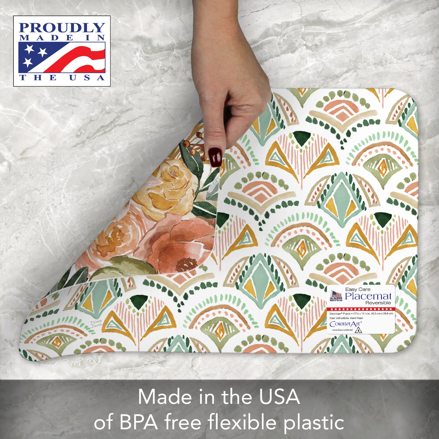 CounterArt Floral Chic 4 Pack Reversible Easy Care Flexible Placemats Made in the USA