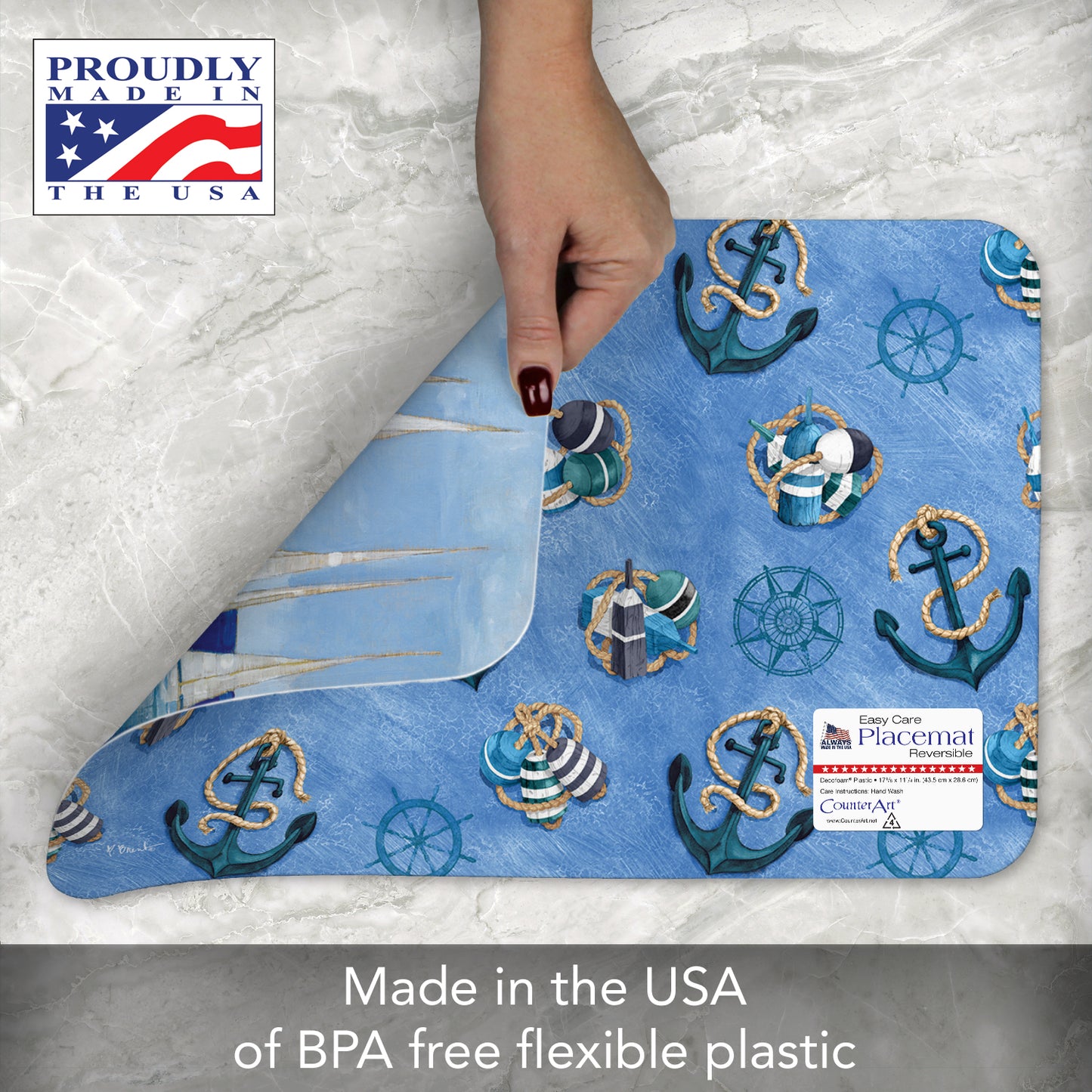 CounterArt Blanco Beach Sailboats 4 Pack Reversible Easy Care Flexible Placemats Made in the USA